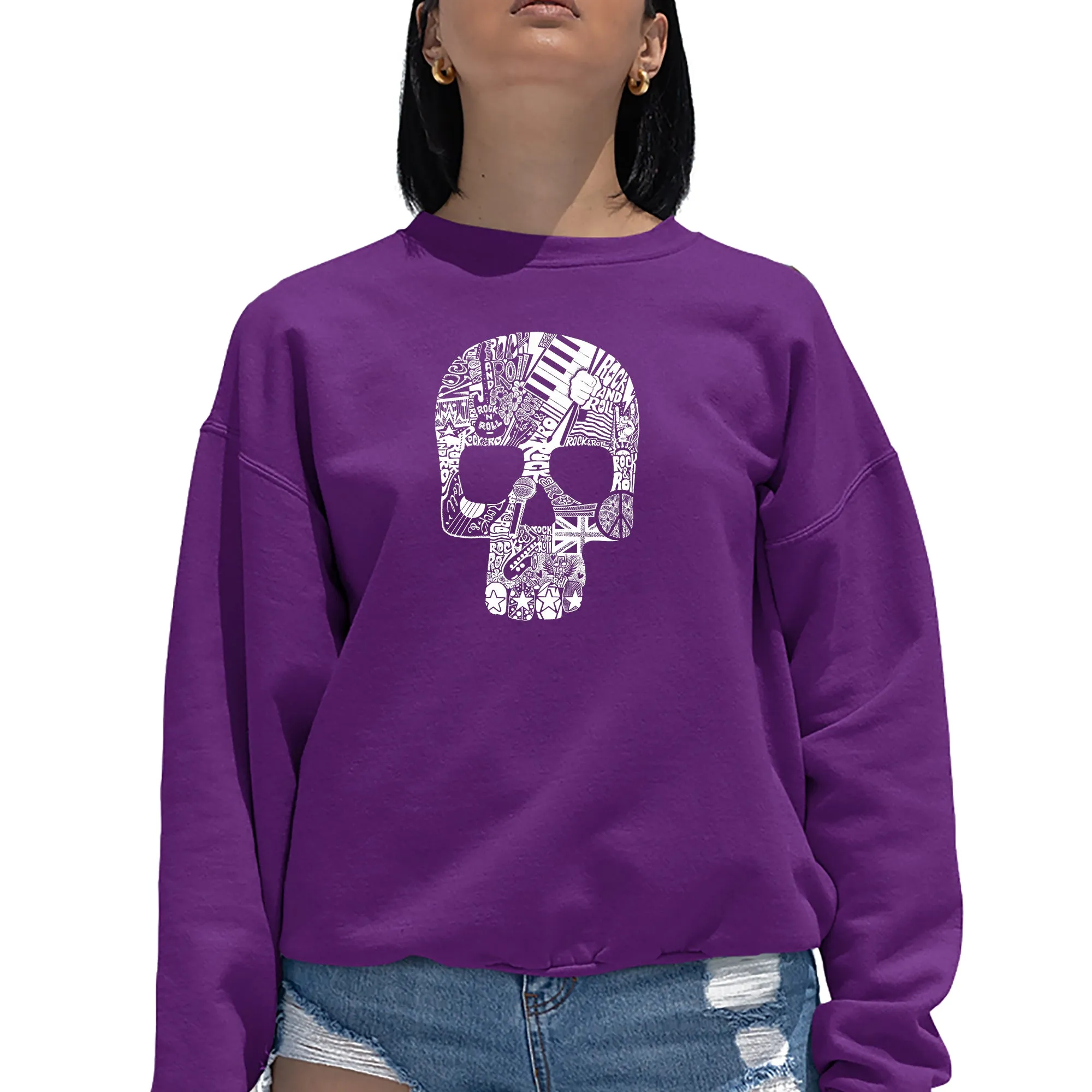 Rock n Roll Skull - Women's Word Art Crewneck Sweatshirt sold by LA Pop Art product image thumbnail 3