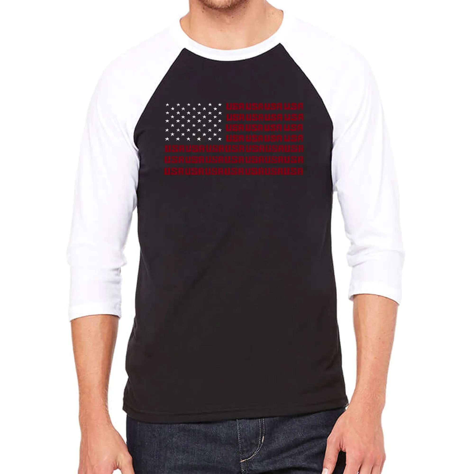 USA Flag - Men's Raglan Baseball Word Art T-Shirt sold by LA Pop Art