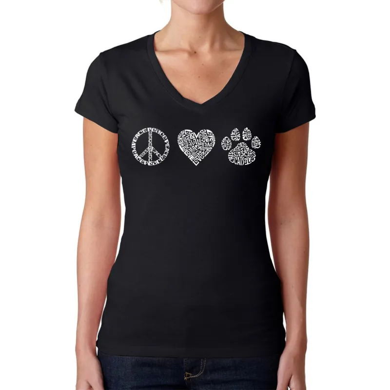 Peace Love Cats  - Women's Word Art V-Neck T-Shirt sold by LA Pop Art