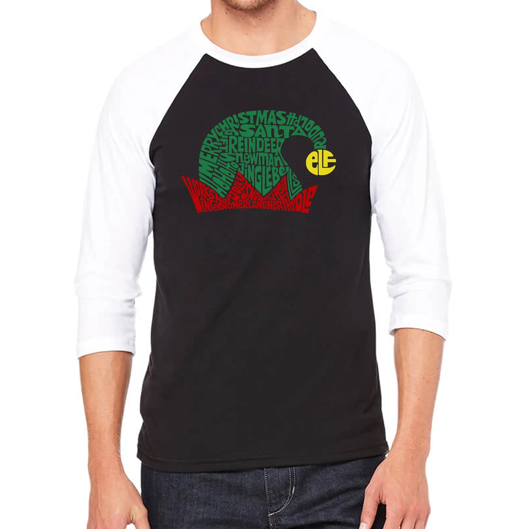 Christmas Elf Hat - Men's Raglan Baseball Word Art T-Shirt sold by LA Pop Art