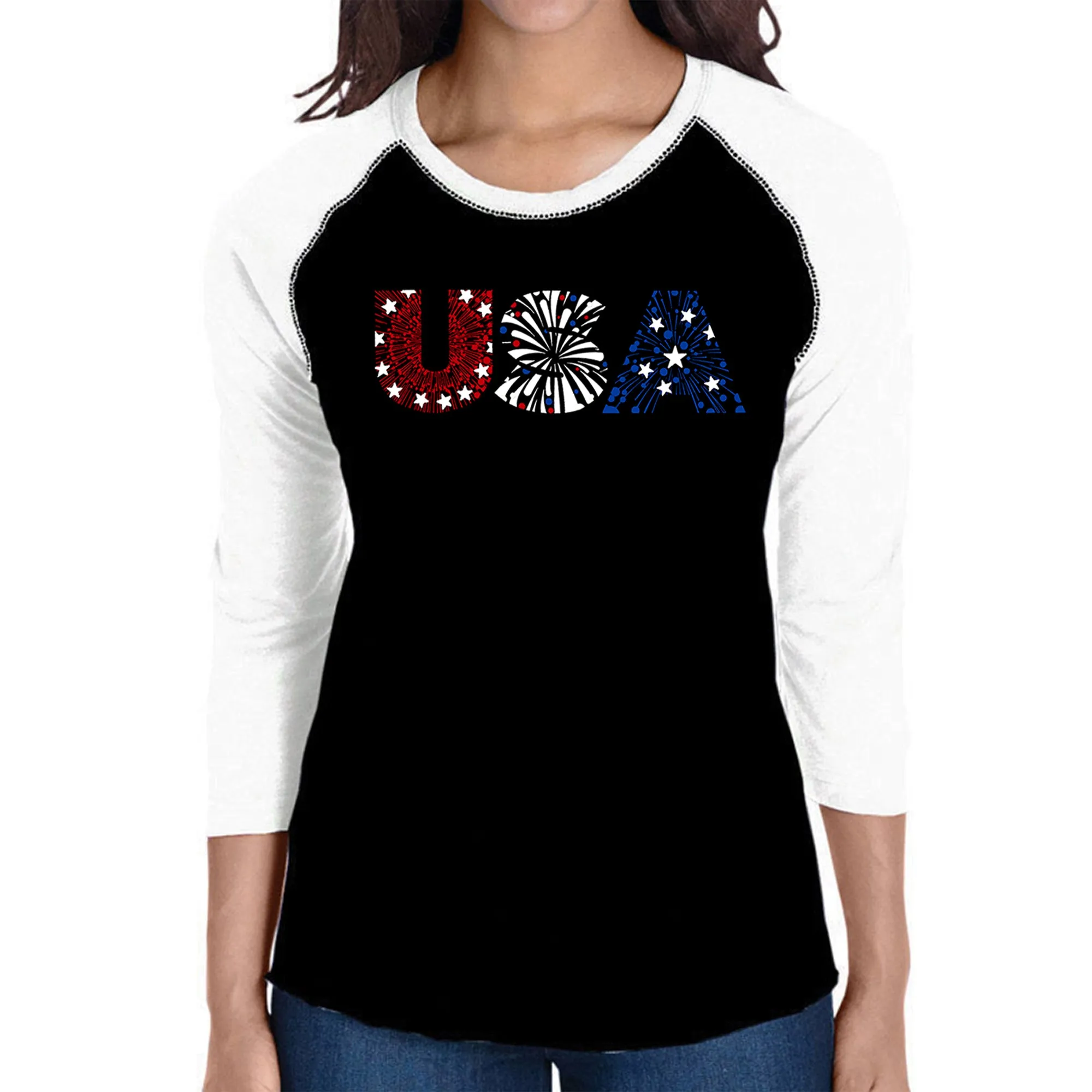 USA Fireworks - Women's Raglan Word Art T-Shirt sold by LA Pop Art
