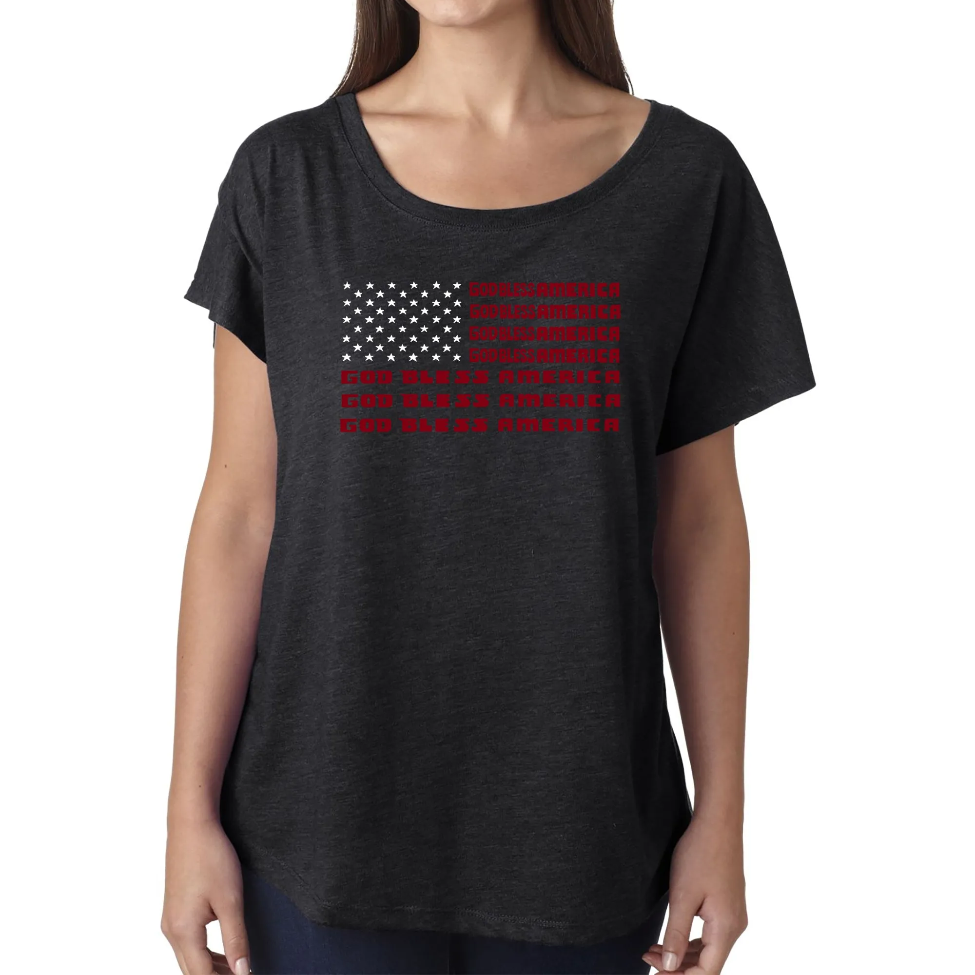 LA Pop Art Women's Dolman Cut Word Art Shirt - God Bless America sold by LA Pop Art