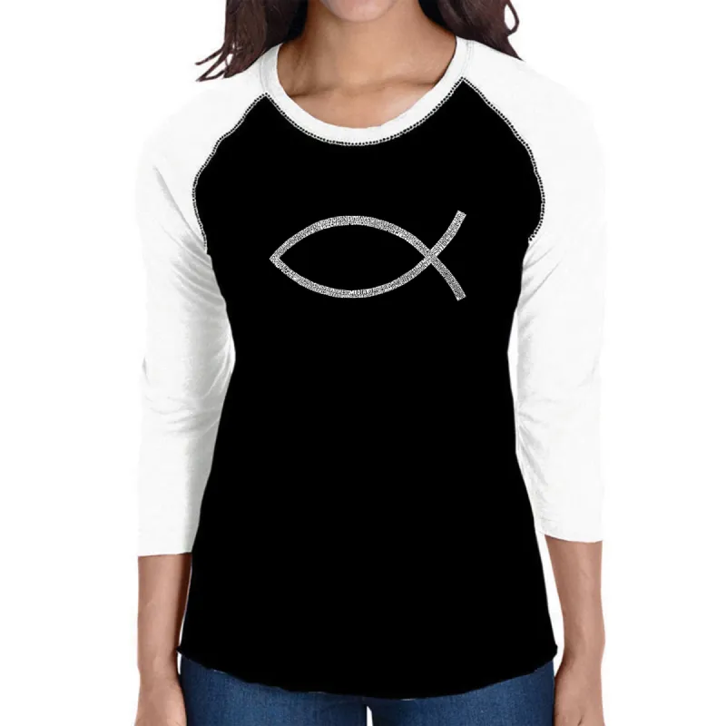 JESUS FISH - Women's Raglan Baseball Word Art T-Shirt sold by LA Pop Art