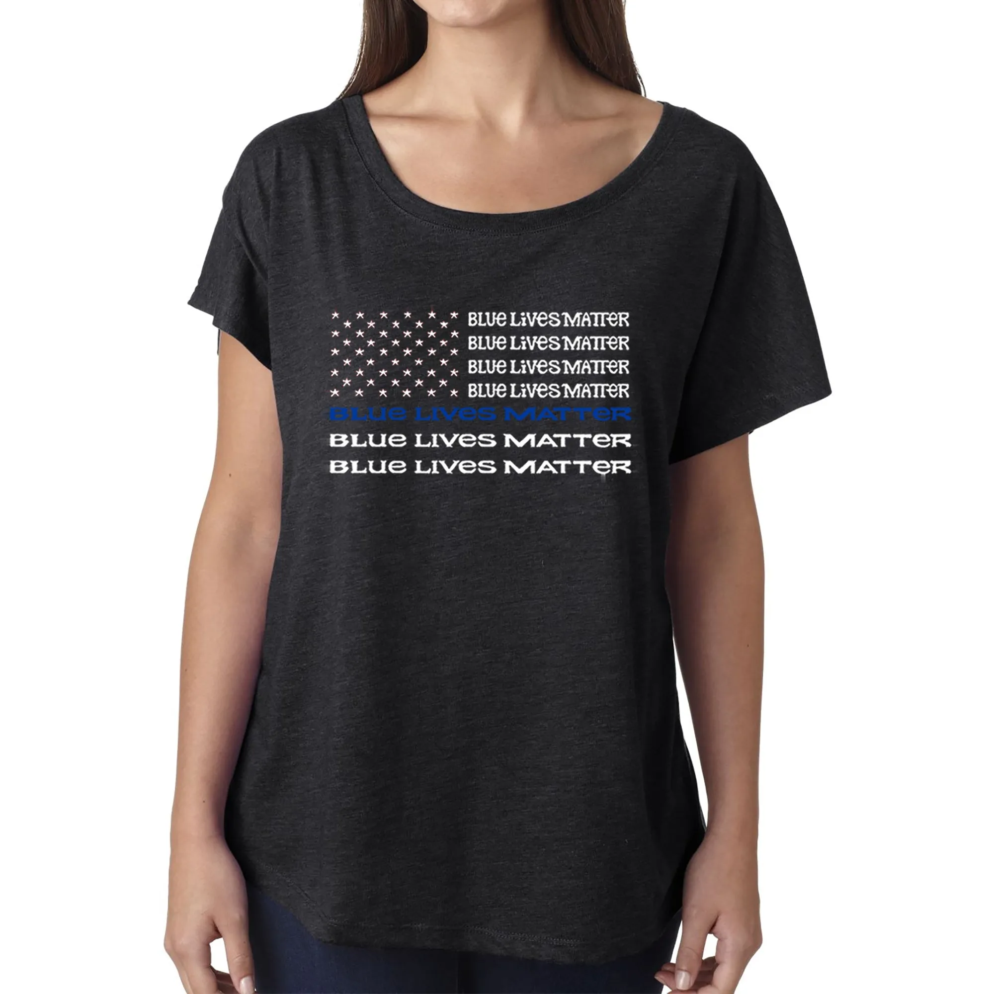 LA Pop Art Women's Dolman Cut Word Art Shirt - Blue Lives Matter sold by LA Pop Art