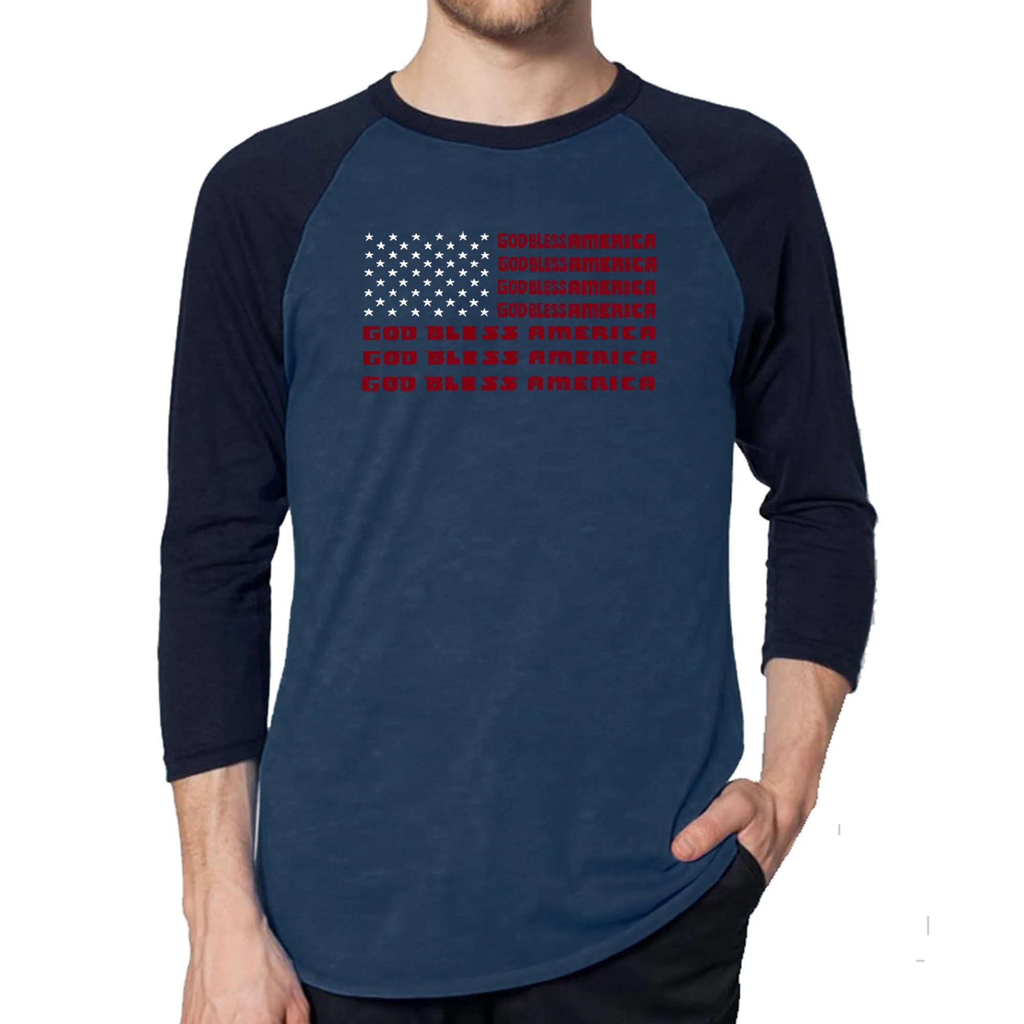 God Bless America - Men's Raglan Baseball Word Art T-Shirt sold by LA Pop Art product image thumbnail 3