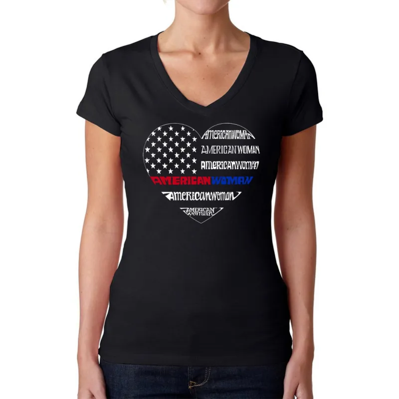 American Woman  - Women's Word Art V-Neck T-Shirt sold by LA Pop Art