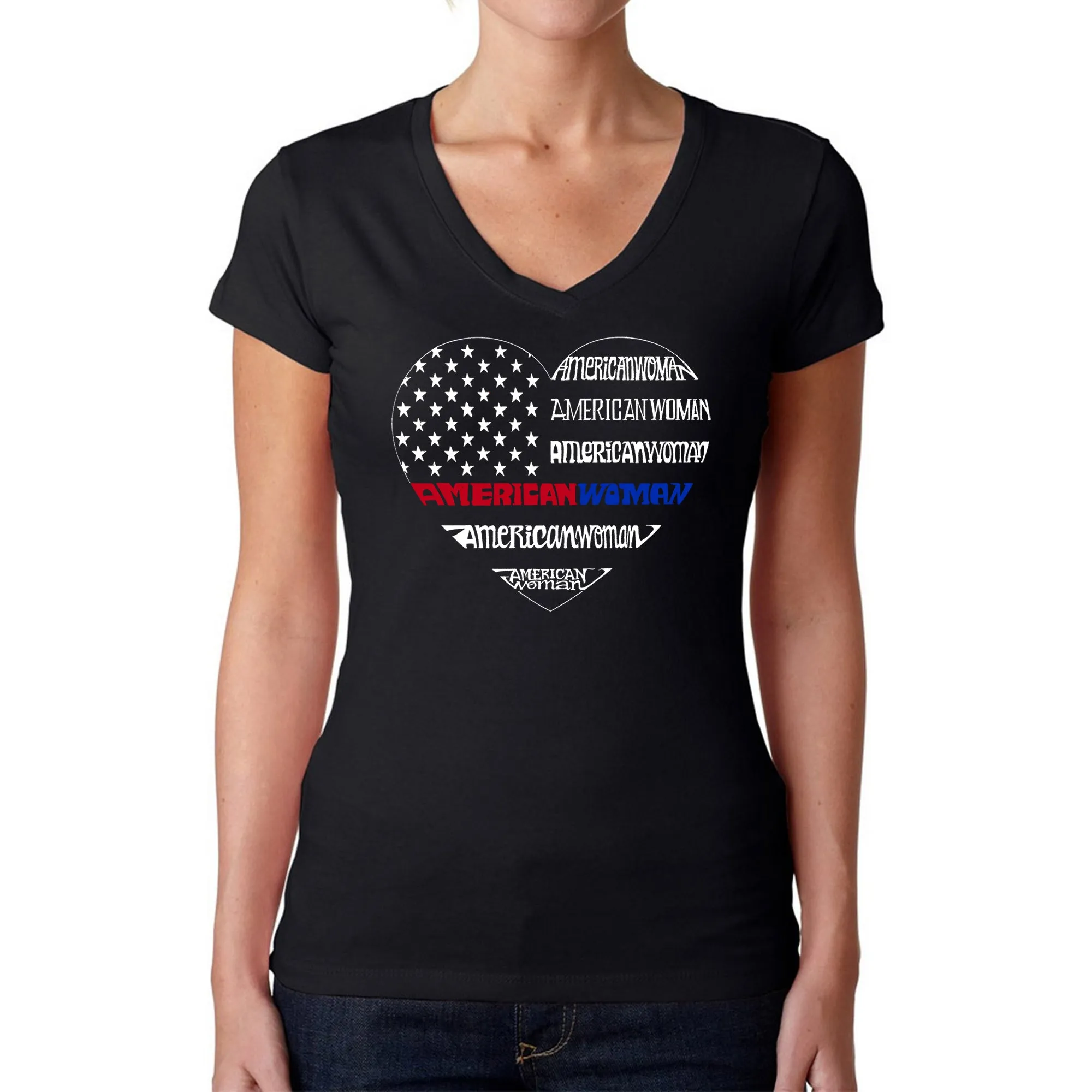 American Woman - Women's Word Art V-Neck T-Shirt sold by LA Pop Art