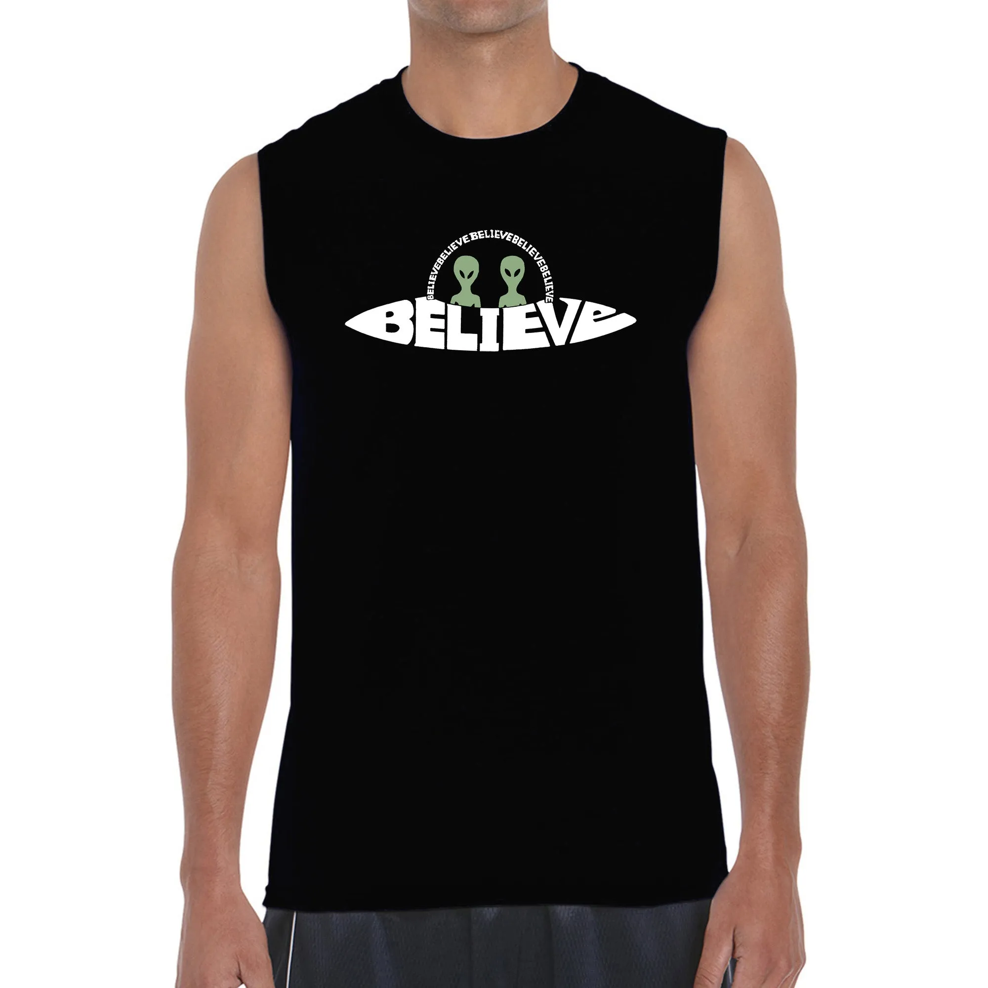 Believe UFO - Men's Word Art Sleeveless T-Shirt sold by LA Pop Art