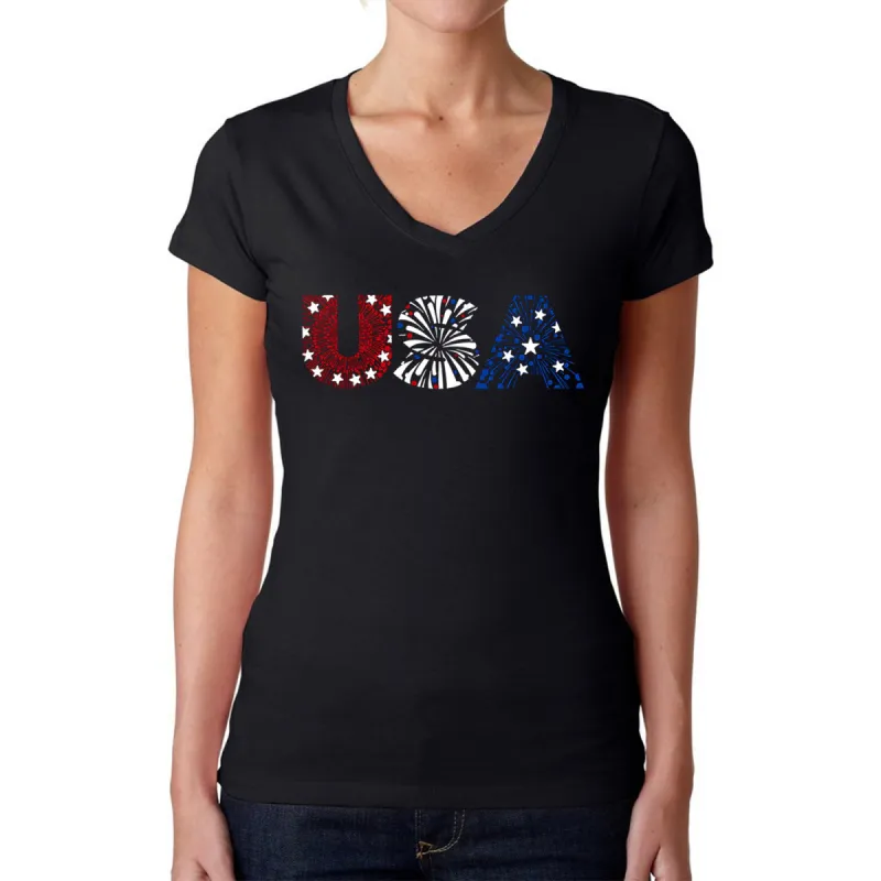 USA Fireworks - Women's Word Art V-Neck T-Shirt sold by LA Pop Art