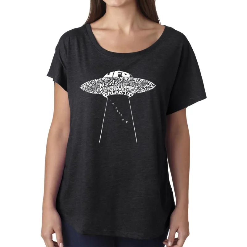 LA Pop Art Women's Dolman Cut Word Art Shirt - Flying Saucer UFO sold by LA Pop Art
