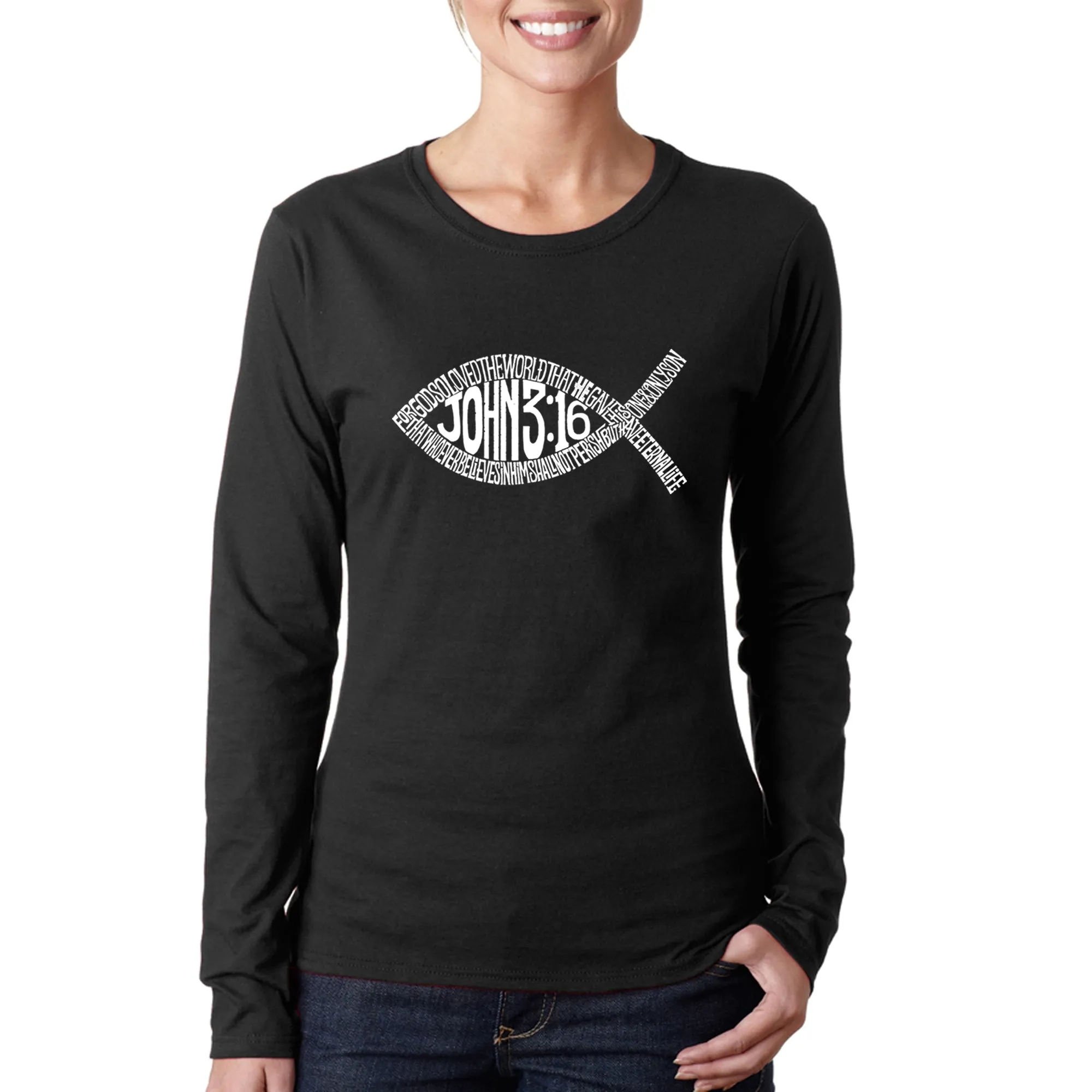 John 3:16 Fish Symbol - Women's Word Art Long Sleeve T-Shirt sold by LA Pop Art