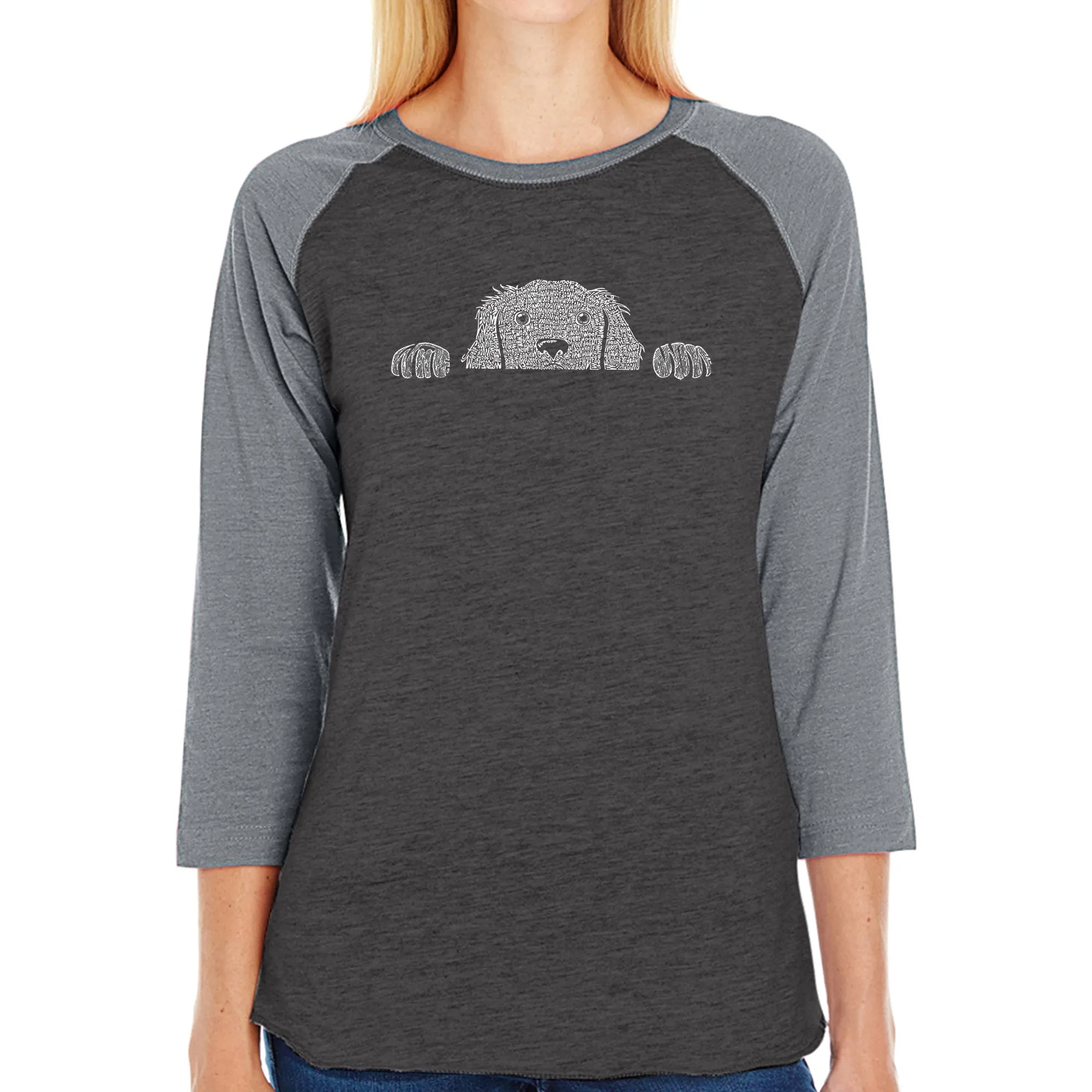 Peeking Dog - Women's Raglan Word Art T-Shirt sold by LA Pop Art product image thumbnail 4