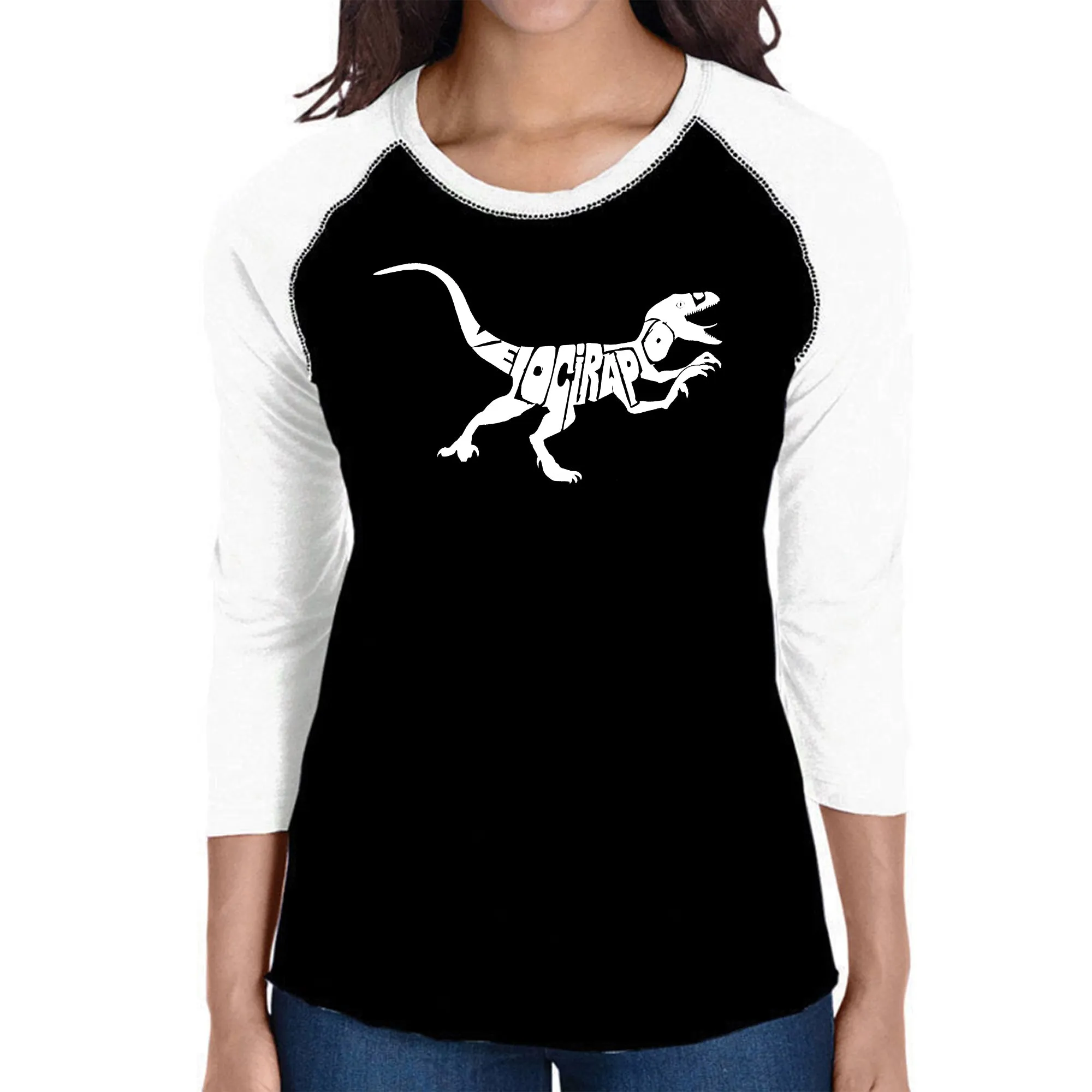 Velociraptor - Women's Raglan Baseball Word Art T-Shirt sold by LA Pop Art