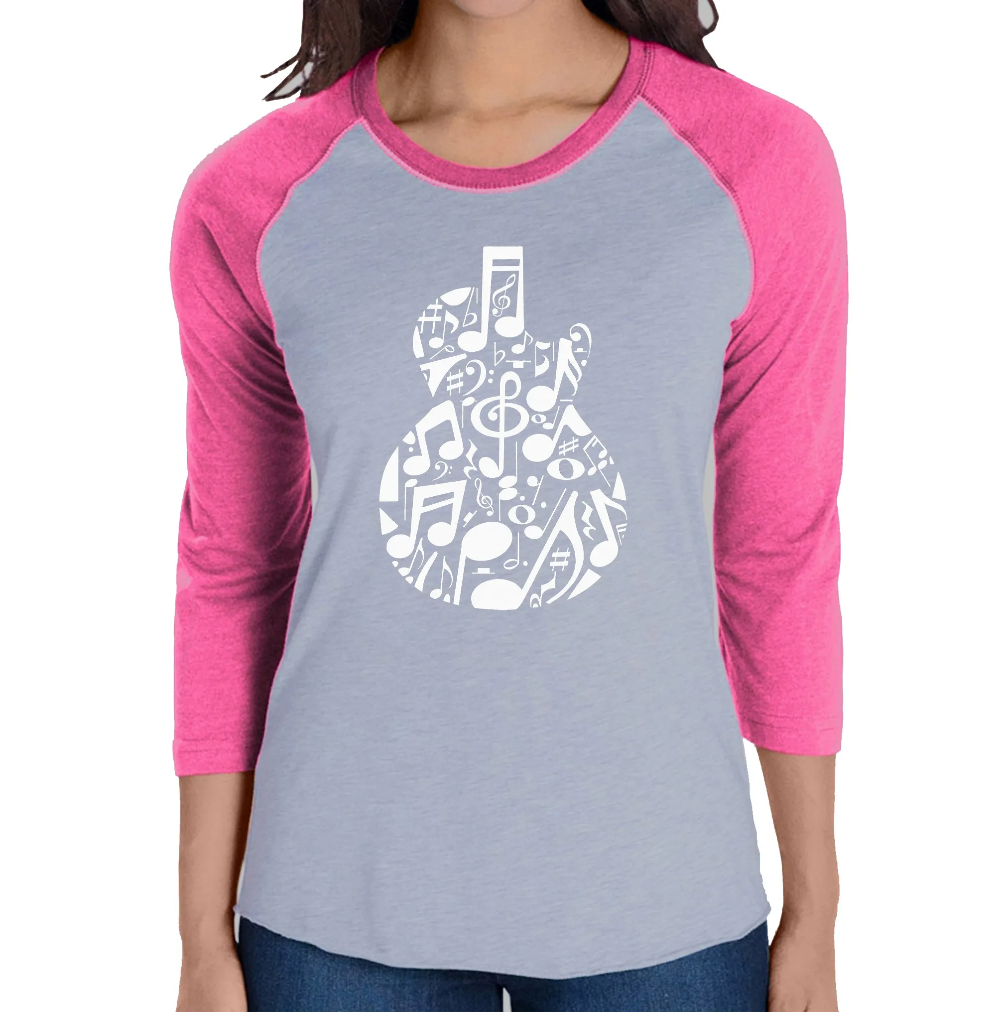 Music Notes Guitar - Women's Raglan Word Art T-Shirt sold by LA Pop Art product image thumbnail 3