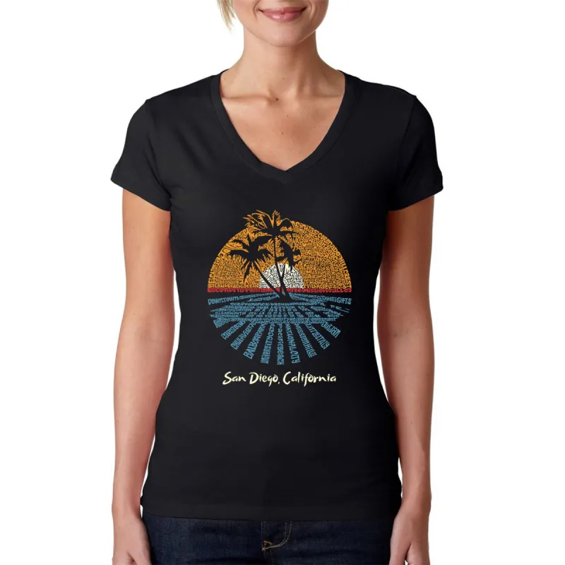 Cities In San Diego - Women's Word Art V-Neck T-Shirt sold by LA Pop Art