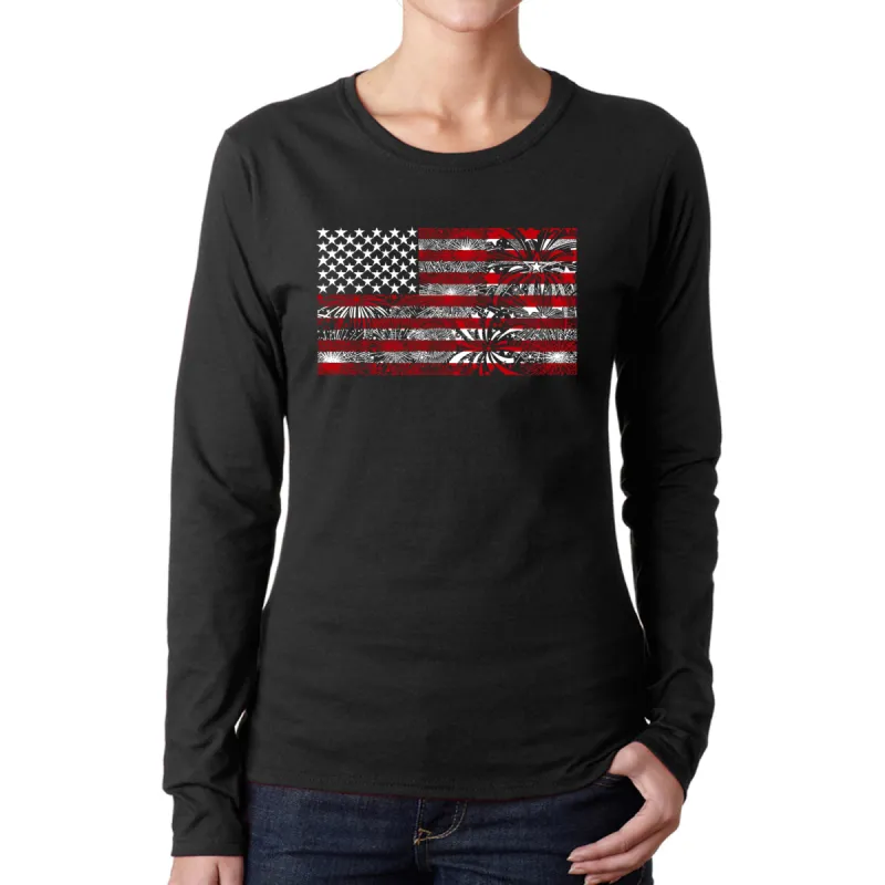 Women's Word Art Long Sleeve T-Shirt - Fireworks American Flag sold by LA Pop Art