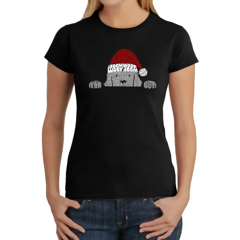 Christmas Peeking Dog - Women's Word Art T-Shirt sold by LA Pop Art