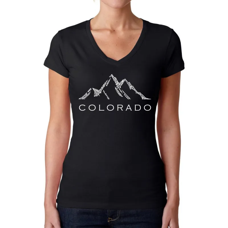 Colorado Ski Towns  - Women's Word Art V-Neck T-Shirt sold by LA Pop Art