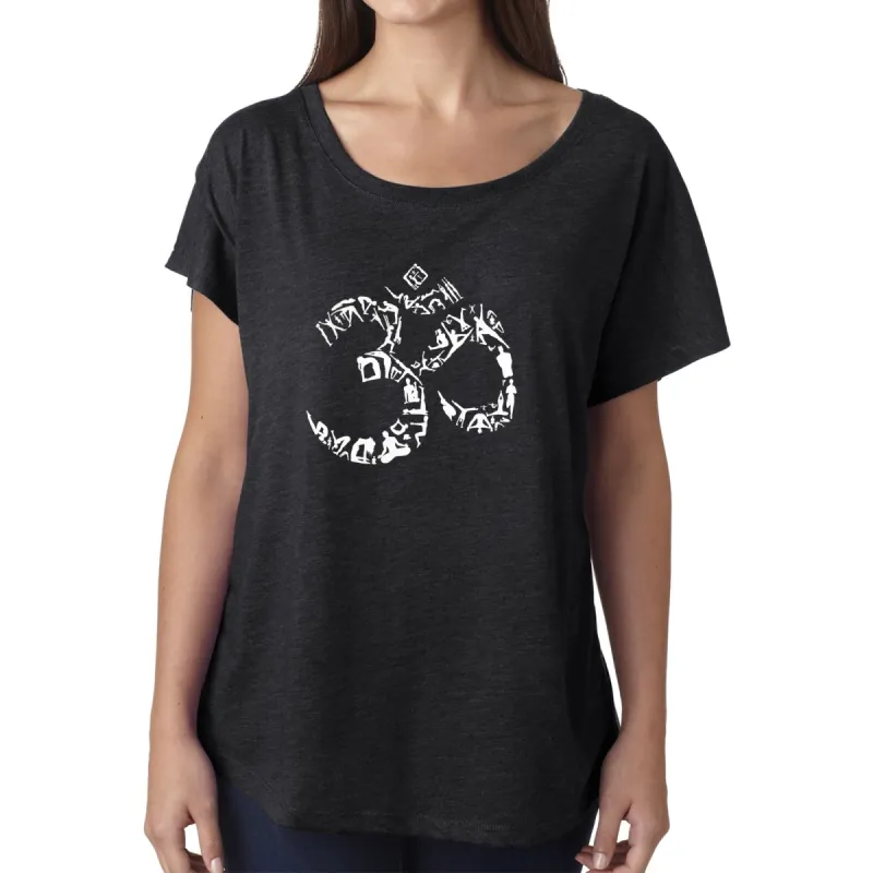 LA Pop Art Women's Dolman Word Art Shirt - THE OM SYMBOL OUT OF YOGA POSES sold by LA Pop Art