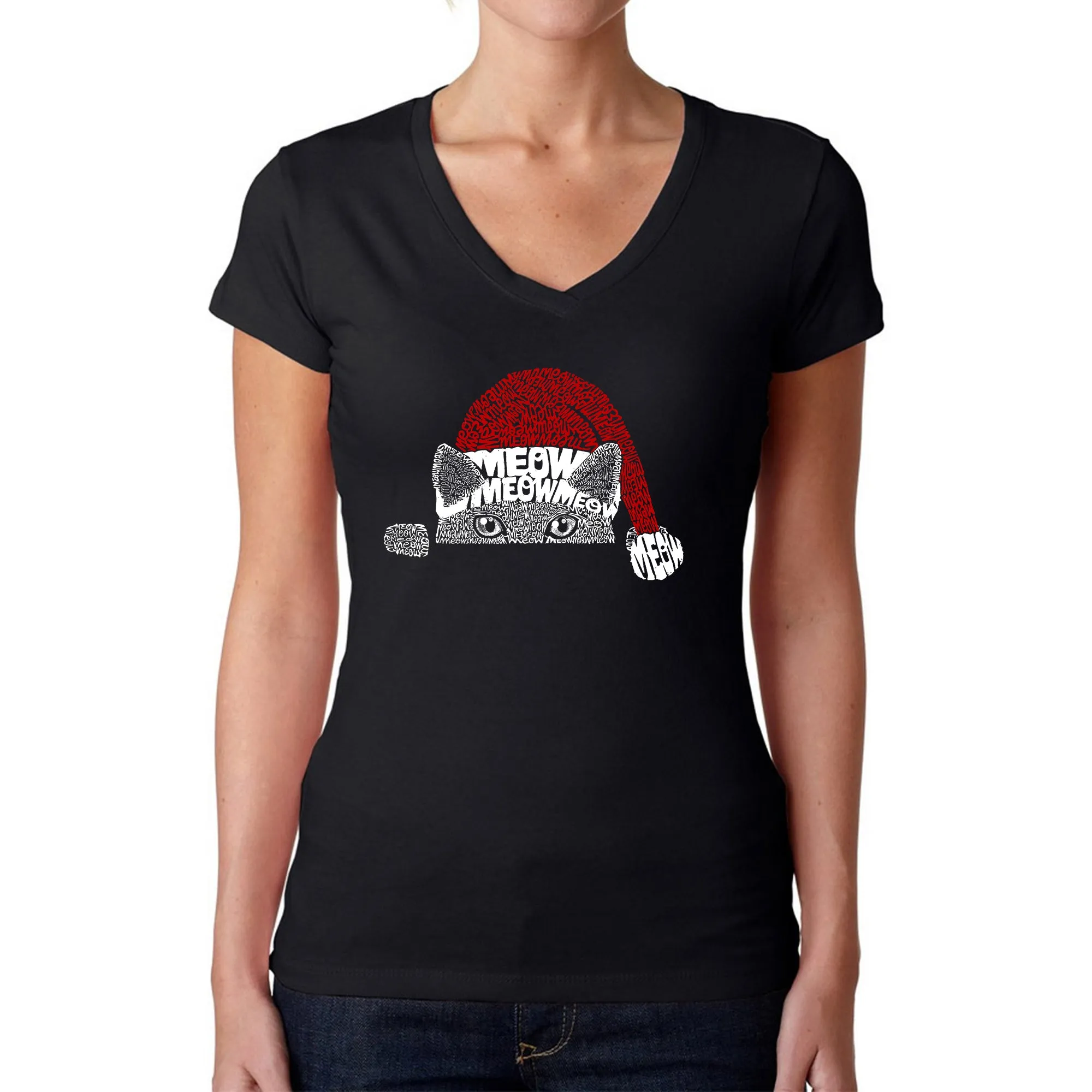 Christmas Peeking Cat - Women's Word Art V-Neck T-Shirt sold by LA Pop Art