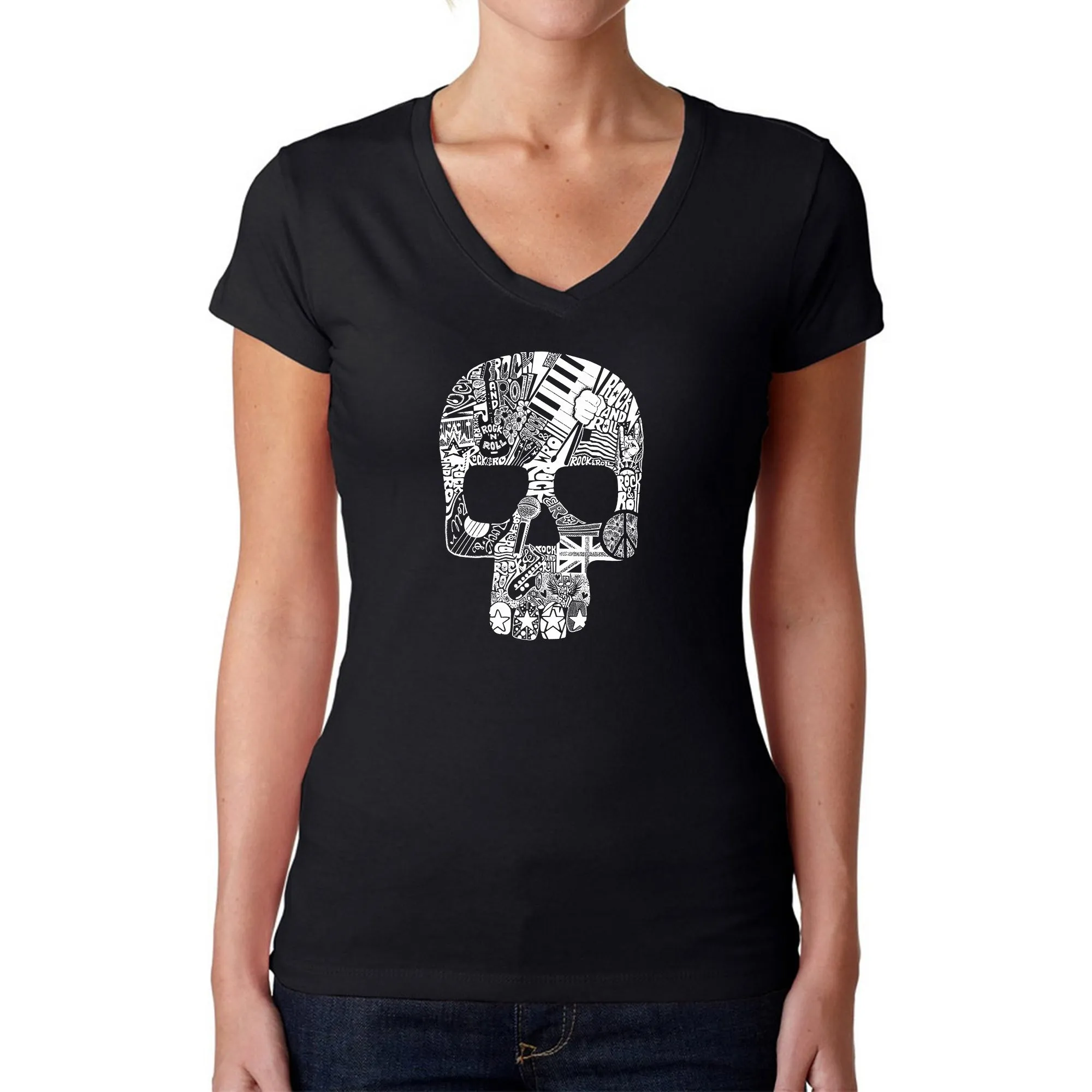 Rock n Roll Skull - Women's Word Art V-Neck T-Shirt sold by LA Pop Art