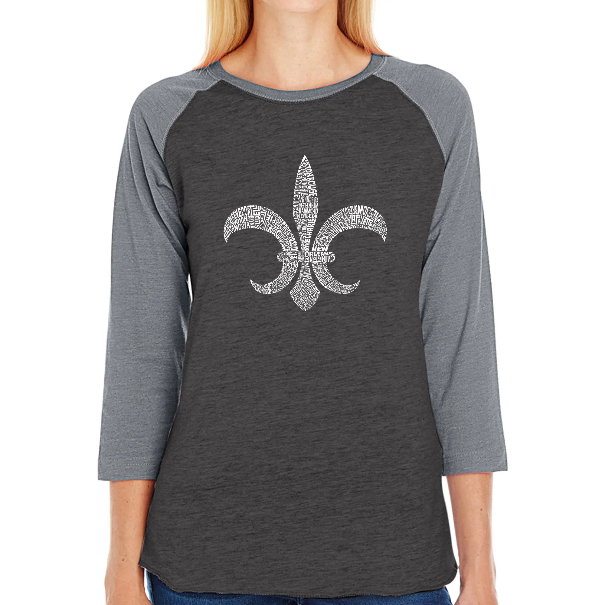 FLEUR DE LIS POPULAR LOUISIANA CITIES - Women's Raglan Baseball Word Art T-Shirt sold by LA Pop Art product image thumbnail 3