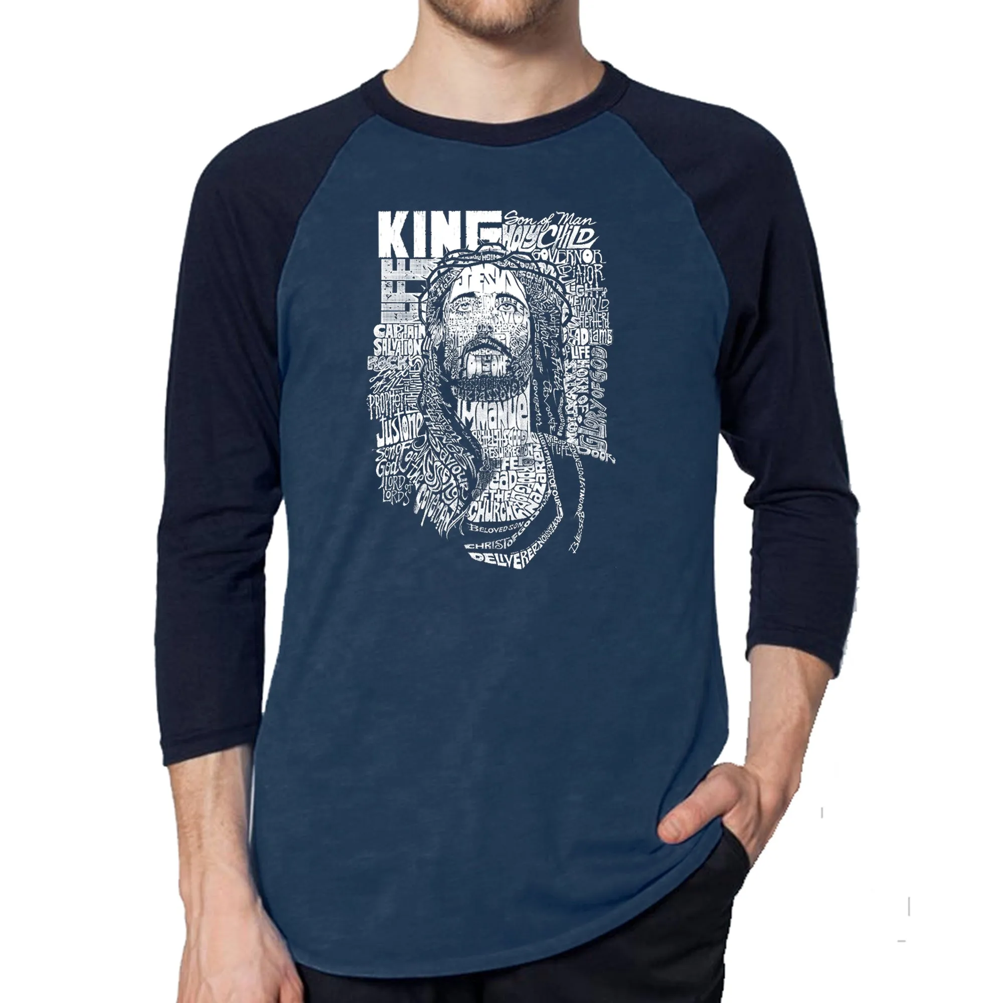JESUS - Men's Raglan Baseball Word Art T-Shirt sold by LA Pop Art product image thumbnail 3