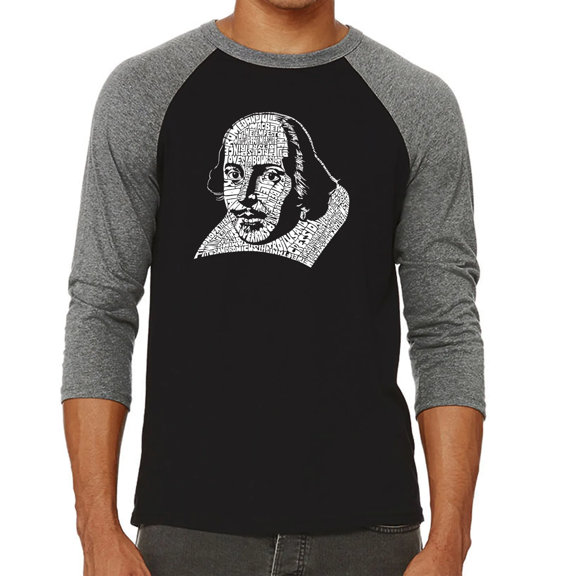 THE TITLES OF ALL OF WILLIAM SHAKESPEARE'S COMEDIES & TRAGEDIES - Men's Raglan Baseball Word Art T-Shirt sold by LA Pop Art product image thumbnail 4