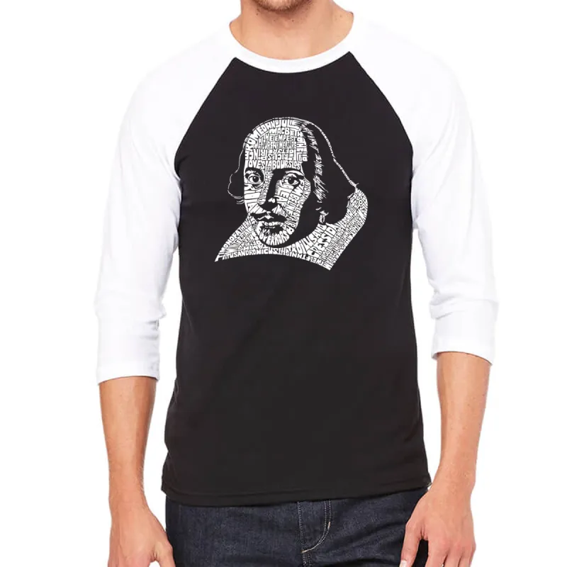 THE TITLES OF ALL OF WILLIAM SHAKESPEARE'S COMEDIES & TRAGEDIES - Men's Raglan Baseball Word Art T-Shirt made by LA Pop Art