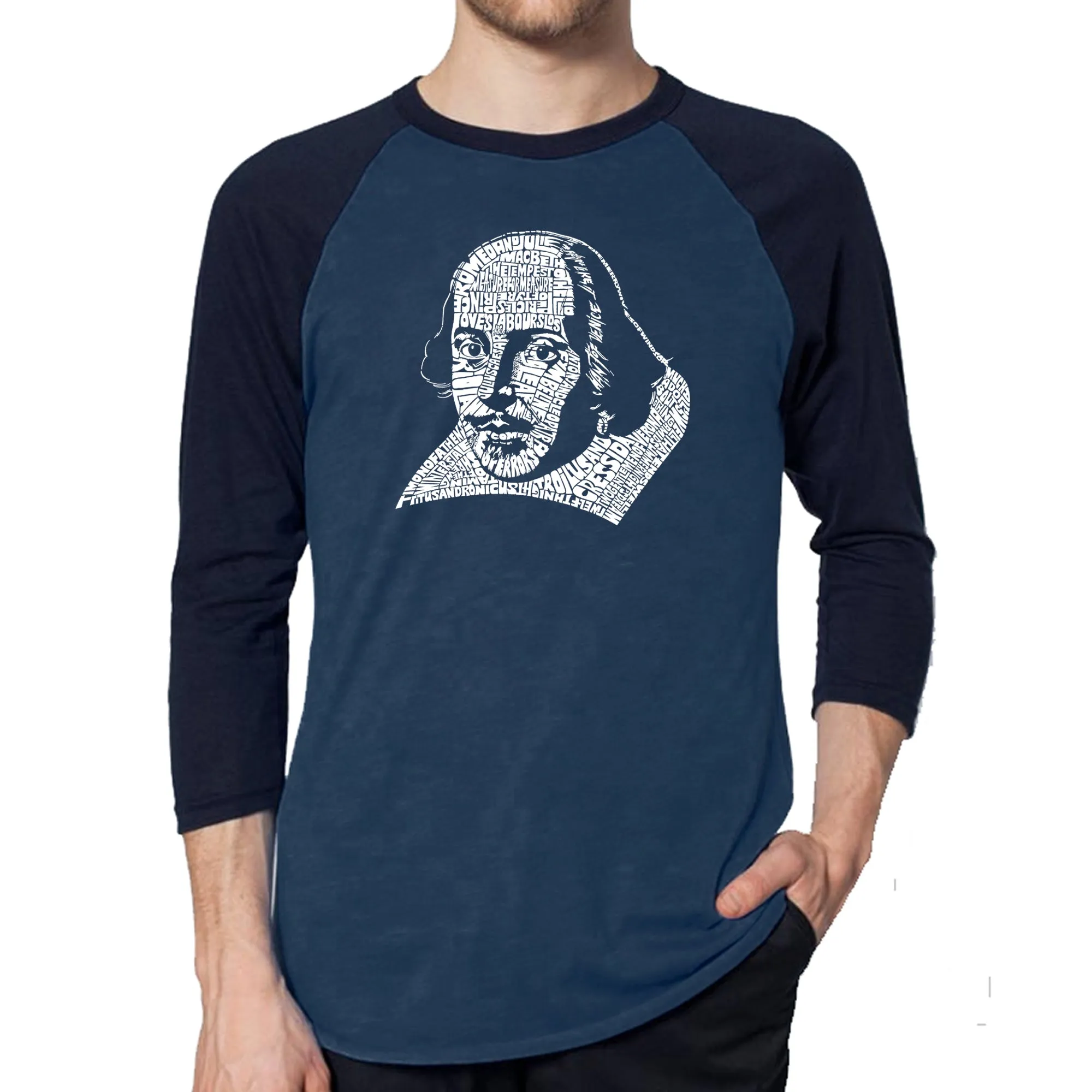 THE TITLES OF ALL OF WILLIAM SHAKESPEARE'S COMEDIES & TRAGEDIES - Men's Raglan Baseball Word Art T-Shirt sold by LA Pop Art product image thumbnail 3