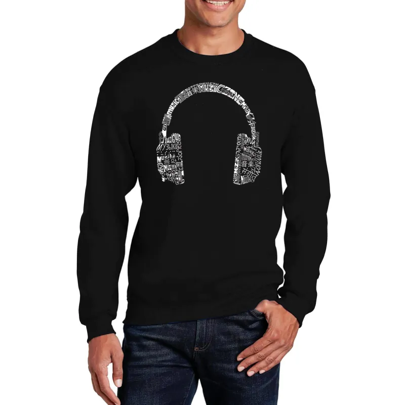 MUSIC IN DIFFERENT LANGUAGES HEADPHONES - Men's Word Art Crewneck Sweatshirt sold by LA Pop Art