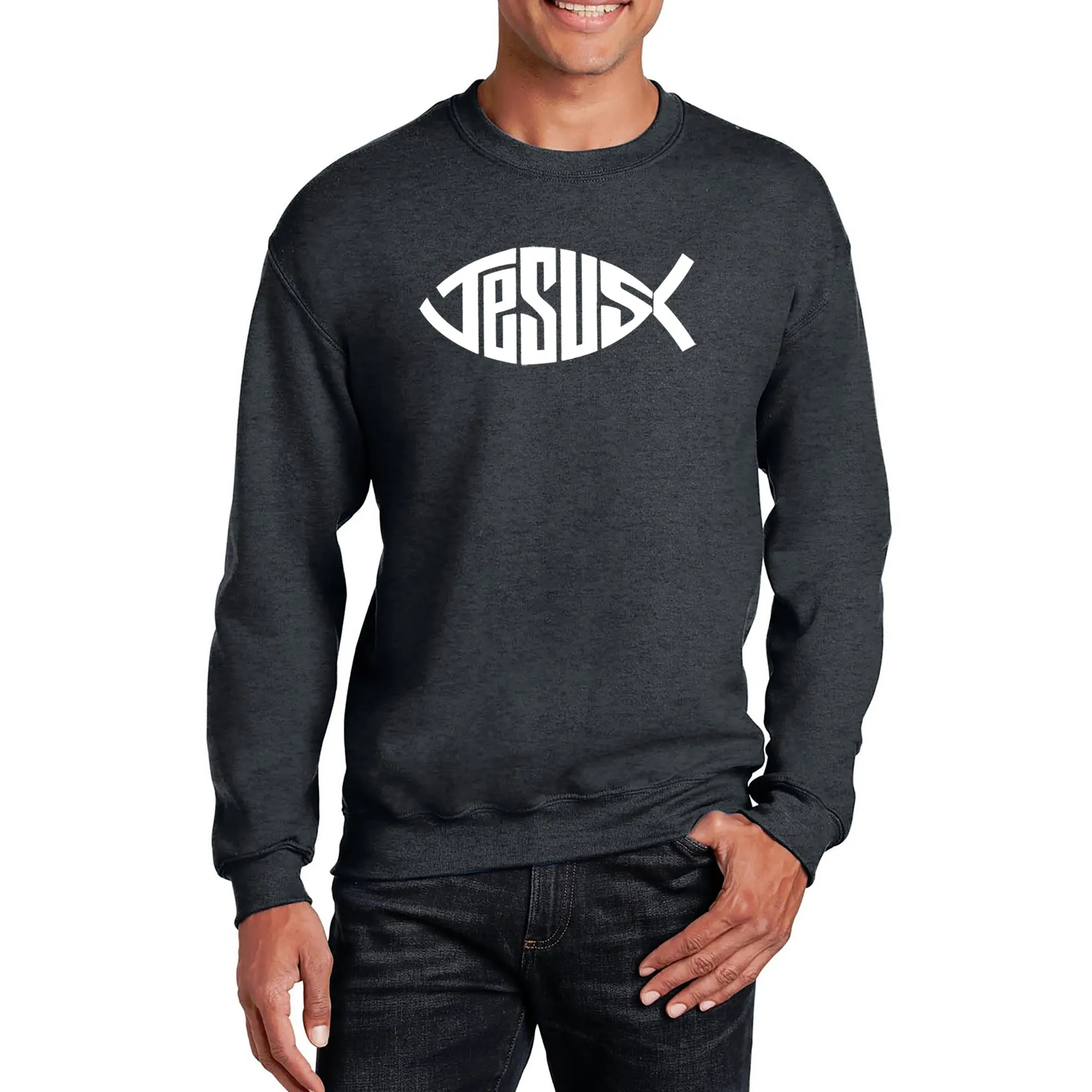 Christian Jesus Name Fish Symbol - Men's Word Art Crewneck Sweatshirt sold by LA Pop Art product image thumbnail 3