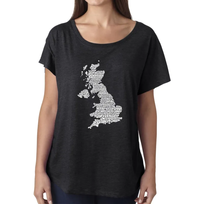 LA Pop Art Women's Dolman Word Art Shirt - GOD SAVE THE QUEEN sold by LA Pop Art