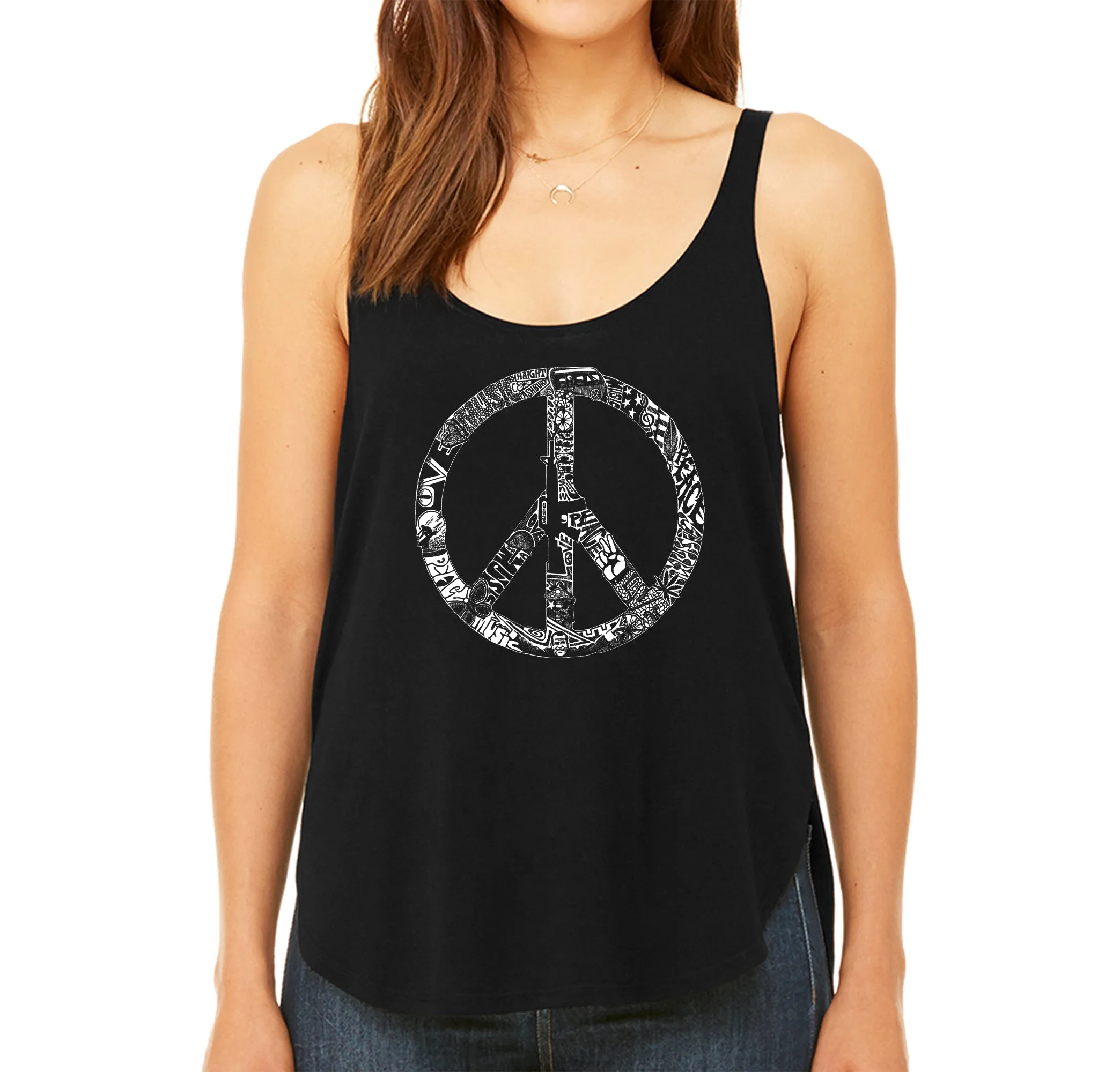 PEACE, LOVE, & MUSIC - Women's Word Art Flowy Tank sold by LA Pop Art