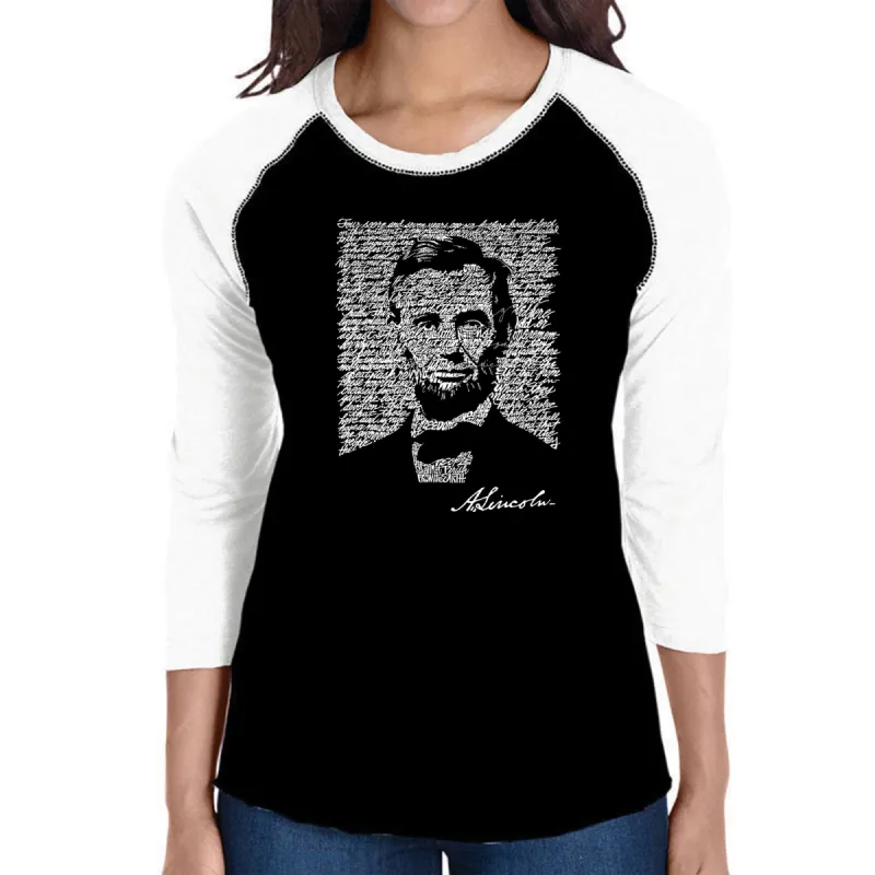 ABRAHAM LINCOLN GETTYSBURG ADDRESS - Women's Raglan Baseball Word Art T-Shirt sold by LA Pop Art