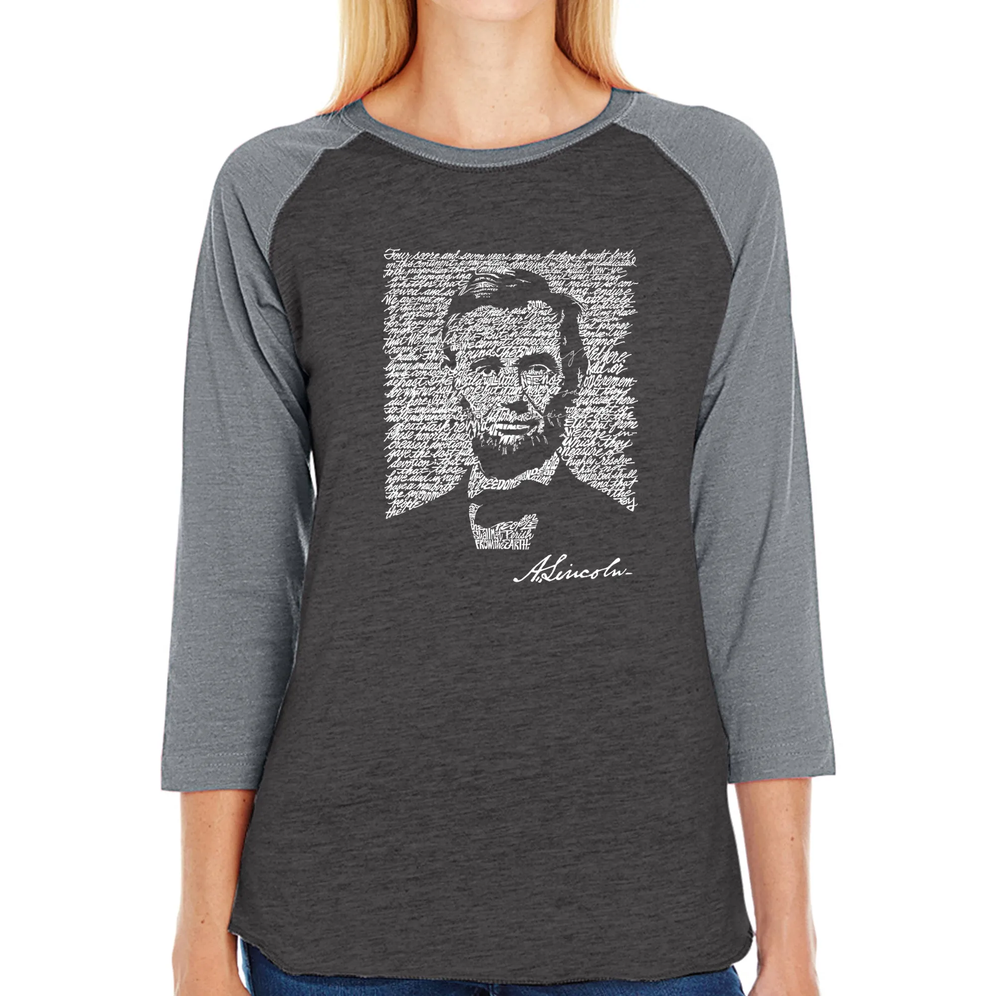 ABRAHAM LINCOLN GETTYSBURG ADDRESS - Women's Raglan Baseball Word Art T-Shirt sold by LA Pop Art product image thumbnail 3