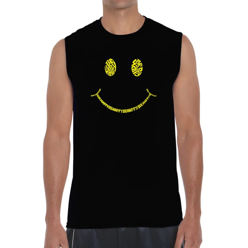 Be Happy Smiley Face  - Men's Word Art Sleeveless T-Shirt sold by LA Pop Art