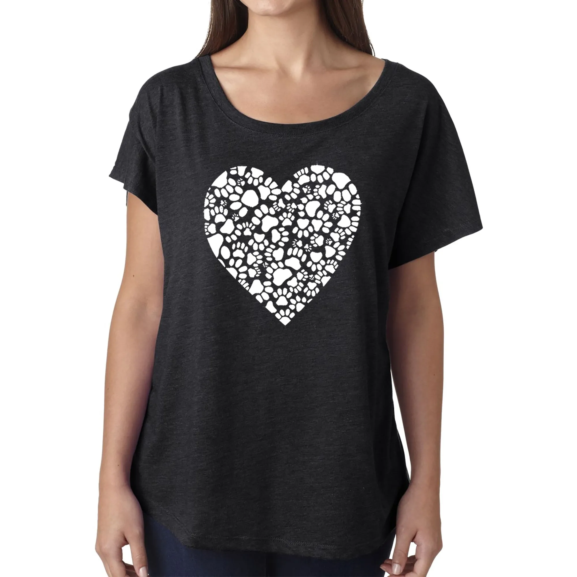 LA Pop Art Women's Dolman Cut Word Art Shirt - Paw Prints Heart sold by LA Pop Art