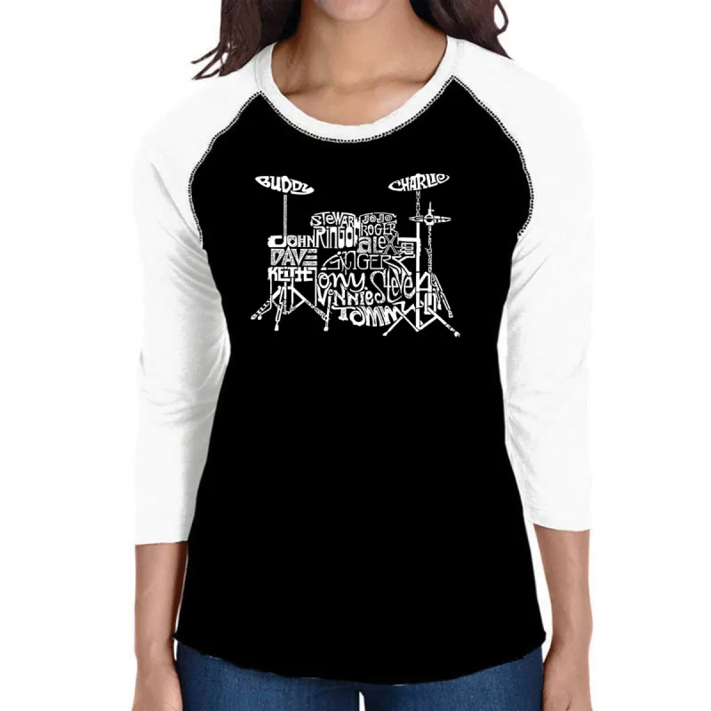 Drums - Women's Raglan Baseball Word Art T-Shirt sold by LA Pop Art