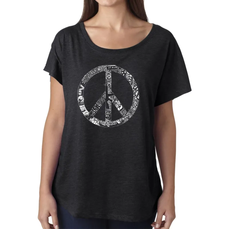 LA Pop Art Women's Dolman Word Art Shirt - PEACE, LOVE, & MUSIC sold by LA Pop Art