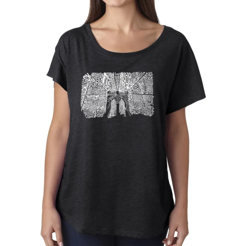 LA Pop Art Women's Dolman Word Art Shirt - Brooklyn Bridge sold by LA Pop Art