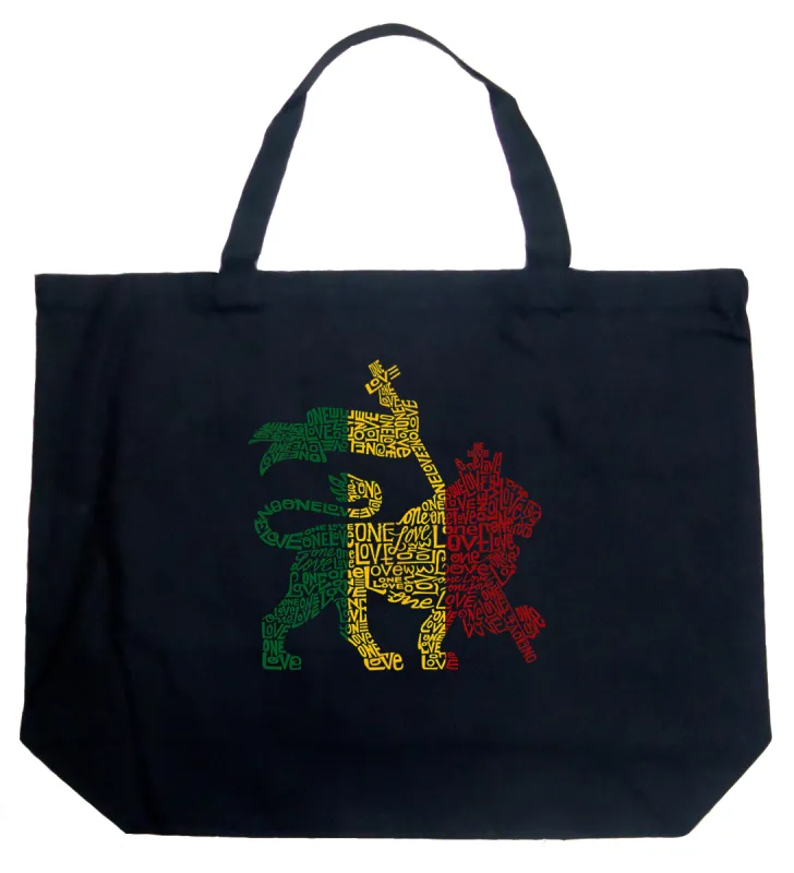 One Love Rasta Lion - Large Word Art Tote Bag sold by LA Pop Art