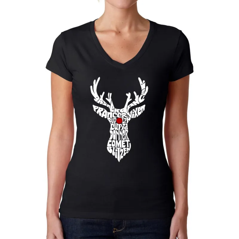 Santa's Reindeer  - Women's Word Art V-Neck T-Shirt sold by LA Pop Art