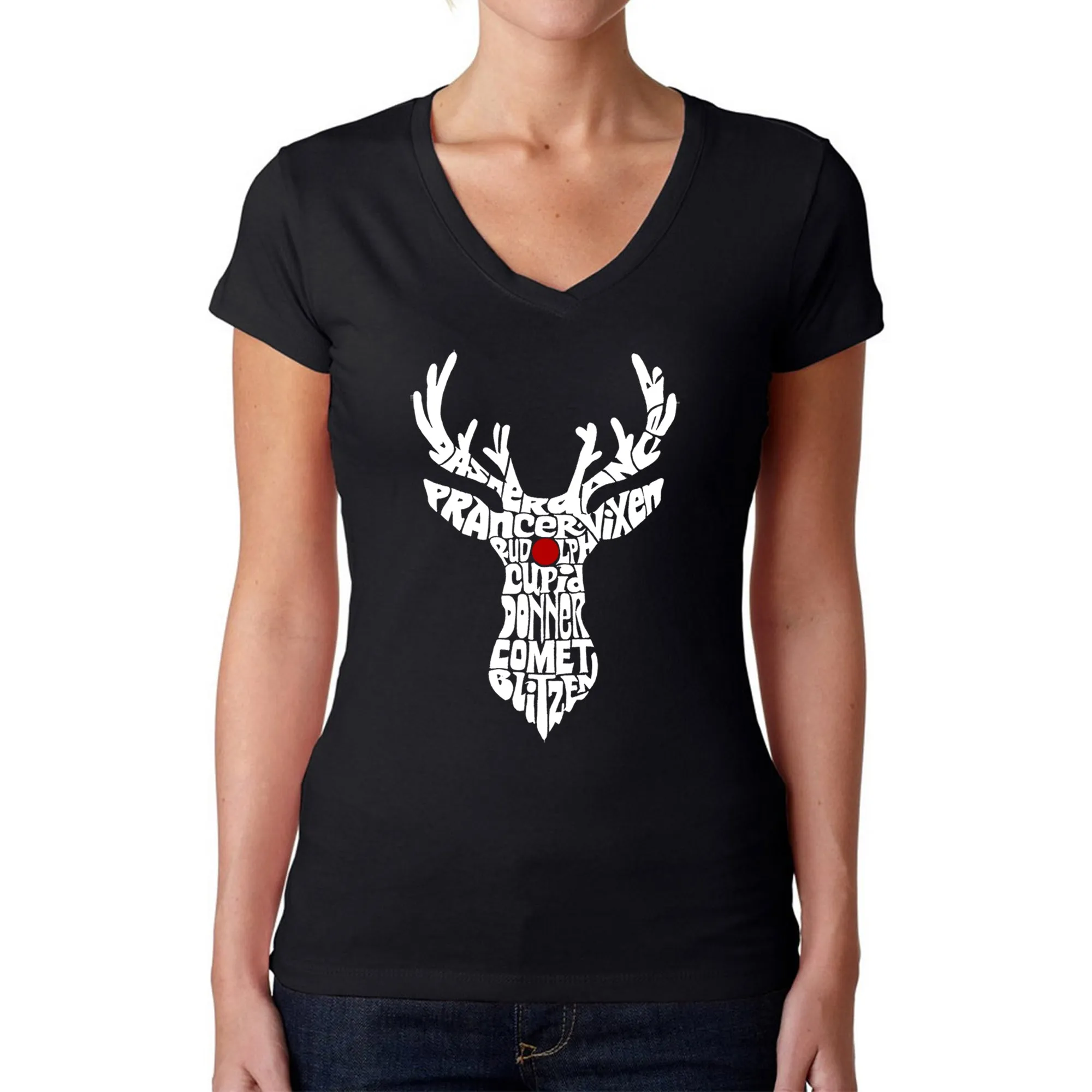 Santa's Reindeer - Women's Word Art V-Neck T-Shirt sold by LA Pop Art