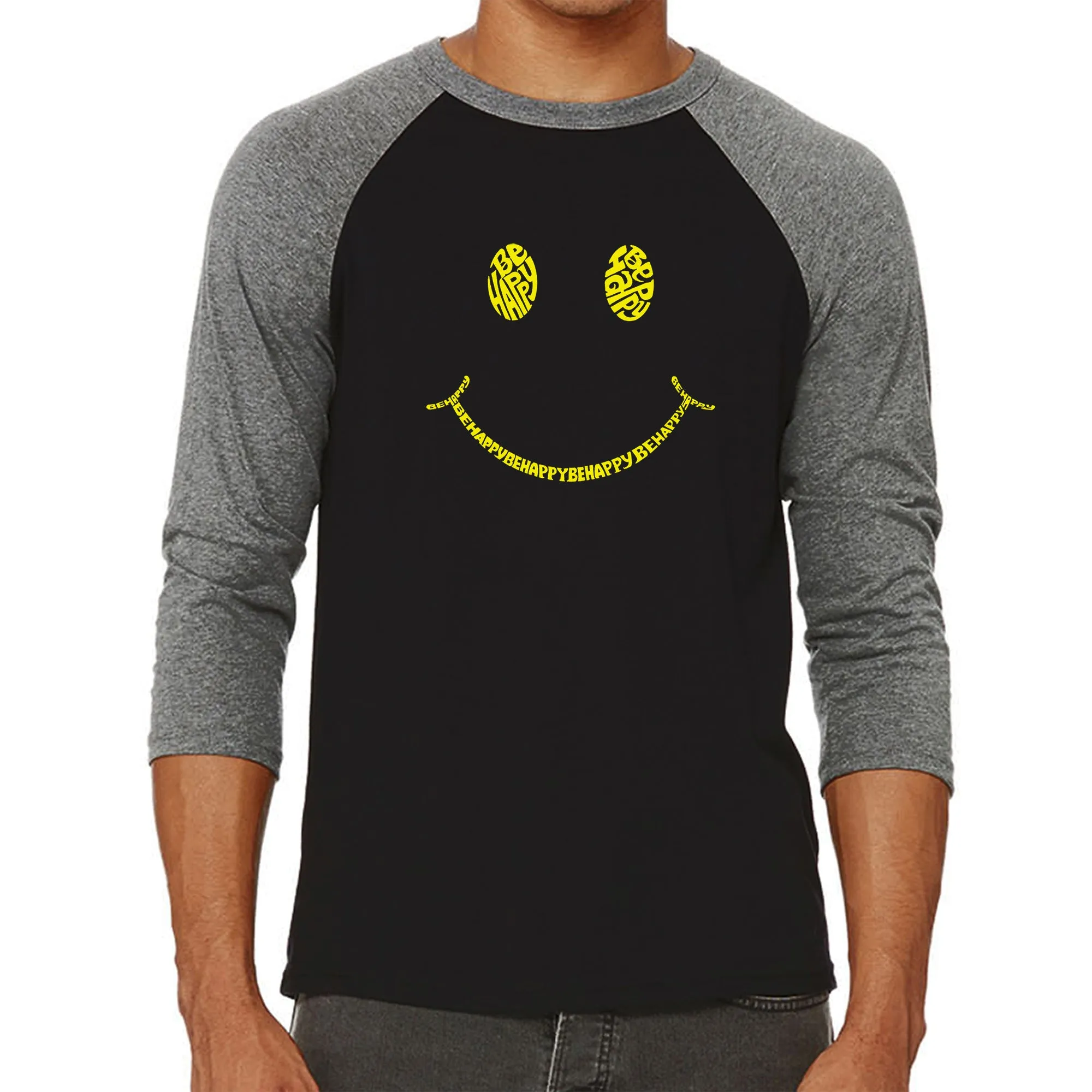 Be Happy Smiley Face - Men's Raglan Baseball Word Art T-Shirt sold by LA Pop Art product image thumbnail 4