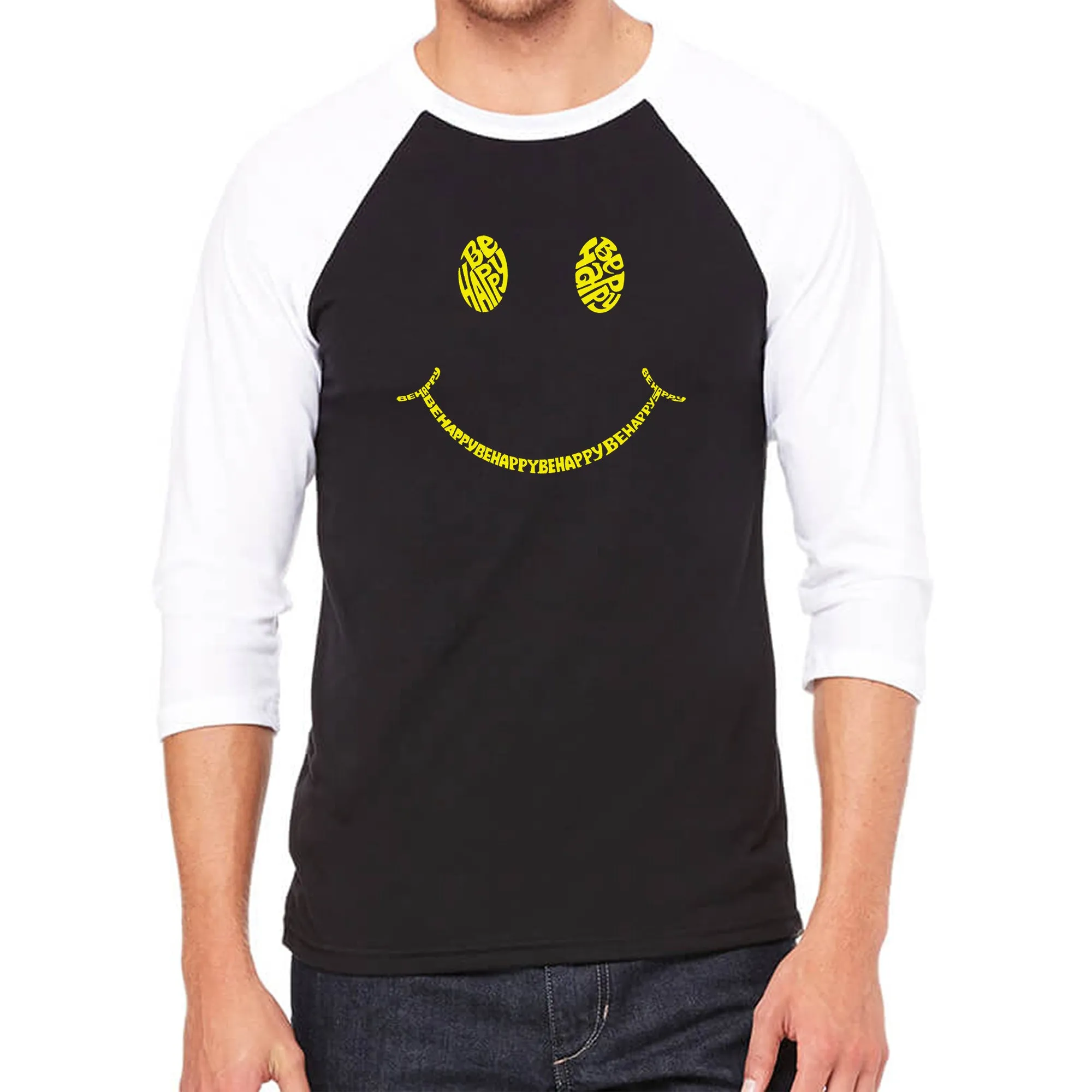 Be Happy Smiley Face - Men's Raglan Baseball Word Art T-Shirt sold by LA Pop Art