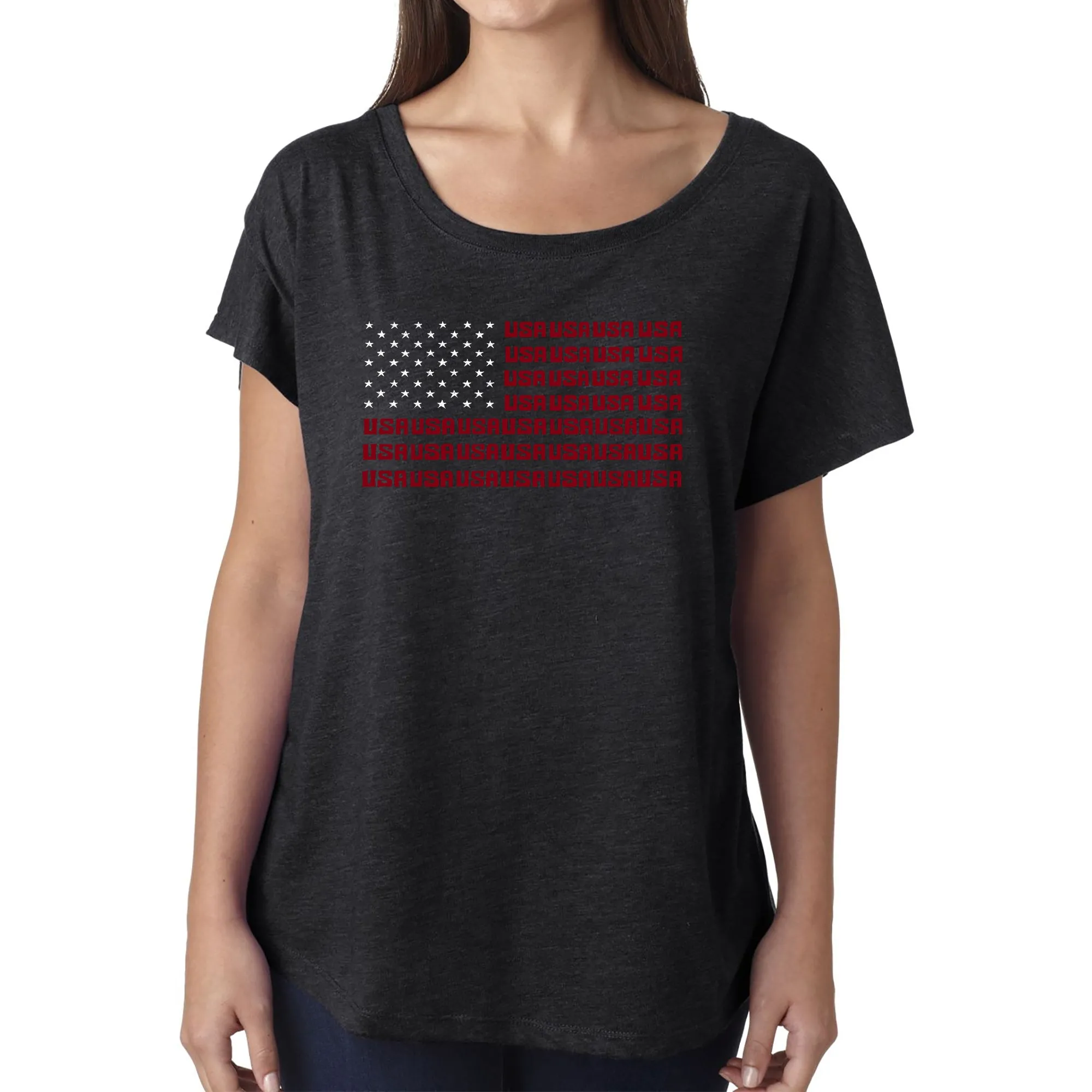 LA Pop Art Women's Loose Fit Dolman Cut Word Art Shirt - USA Flag sold by LA Pop Art