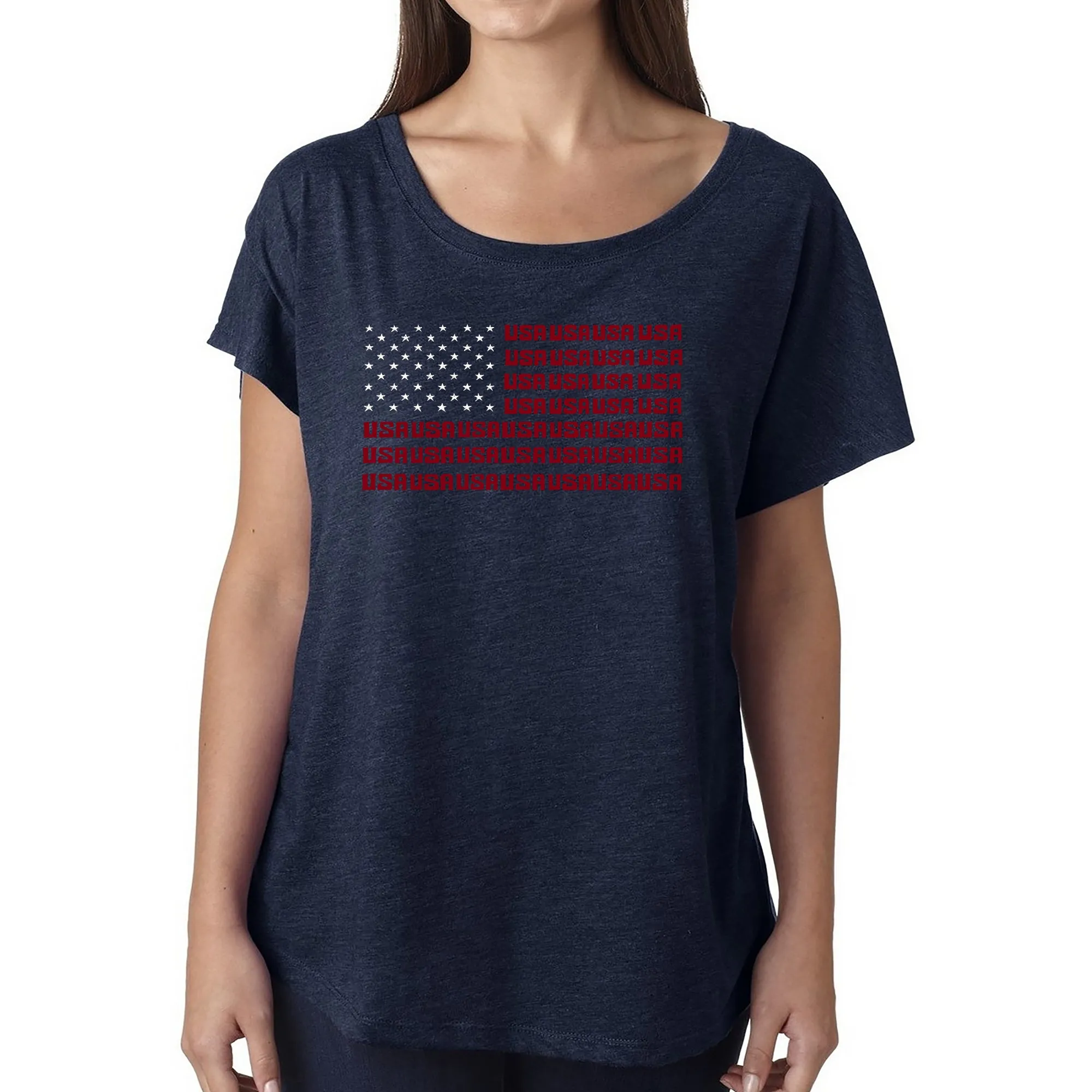 LA Pop Art Women's Loose Fit Dolman Cut Word Art Shirt - USA Flag sold by LA Pop Art product image thumbnail 3