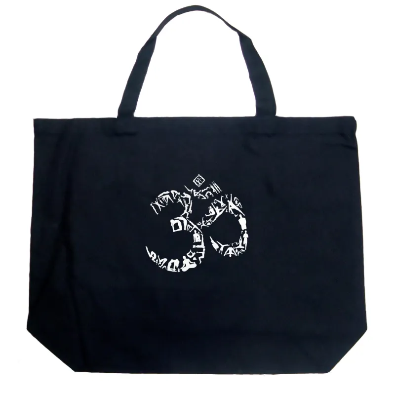 THE OM SYMBOL OUT OF YOGA POSES - Large Word Art Tote Bag sold by LA Pop Art