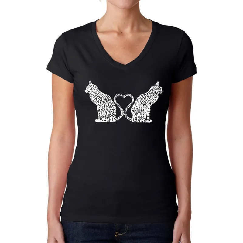 Cat Tail Hearts - Women's Word Art V-Neck T-Shirt sold by LA Pop Art